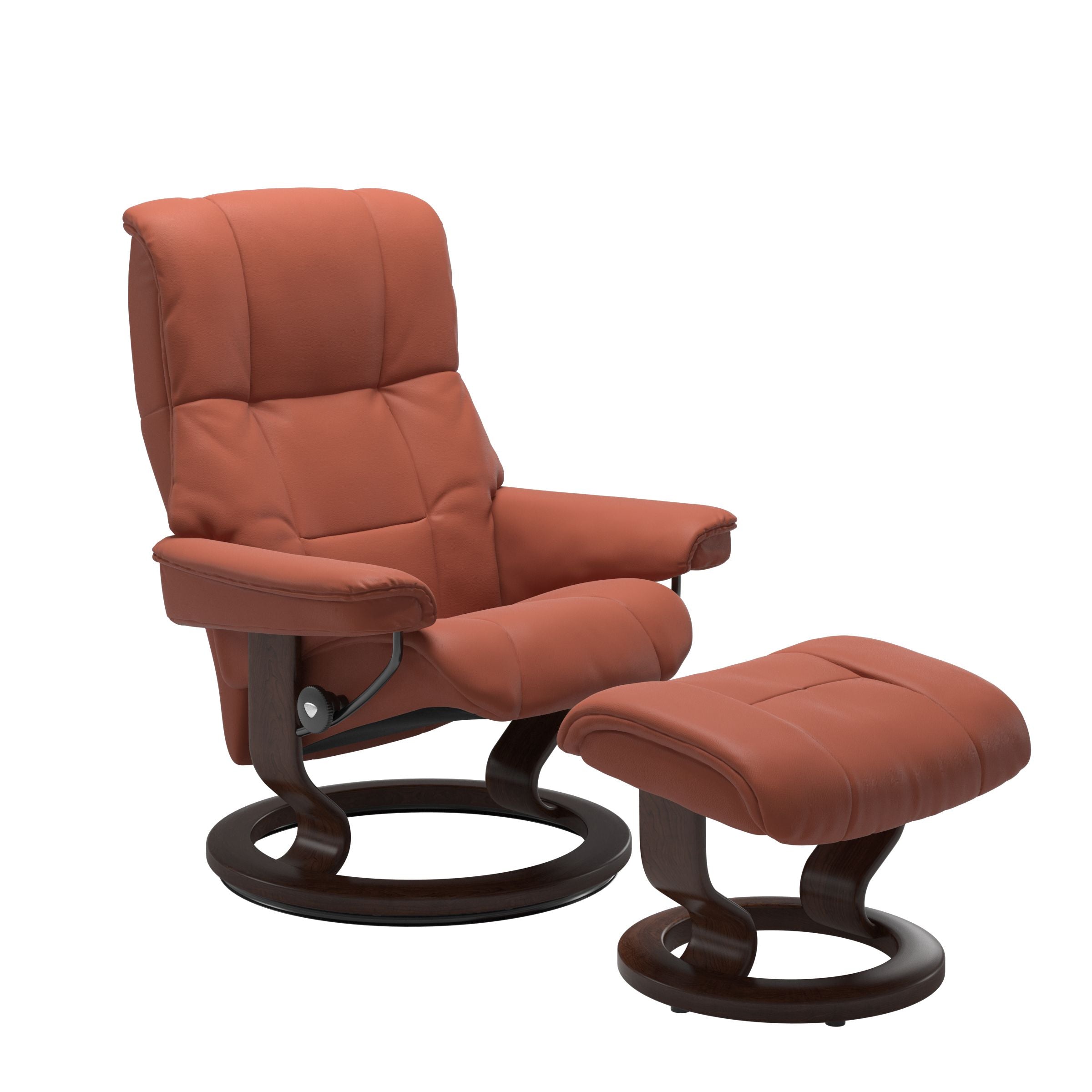 Luxurious  leather recliner henna colored with a brown wood classic base and adjustable ottoman