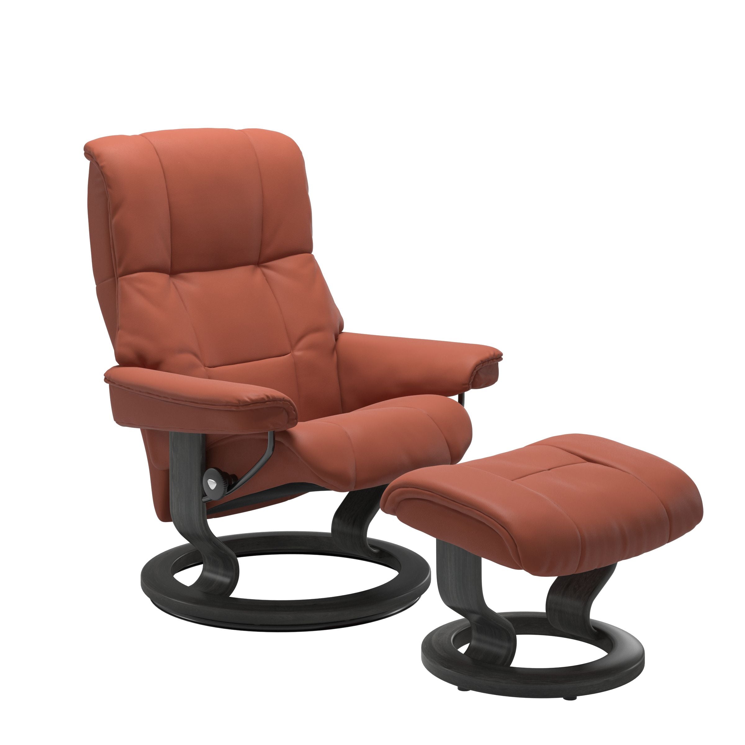 Luxurious  leather recliner henna colored with a grey wood classic base and adjustable ottoman
