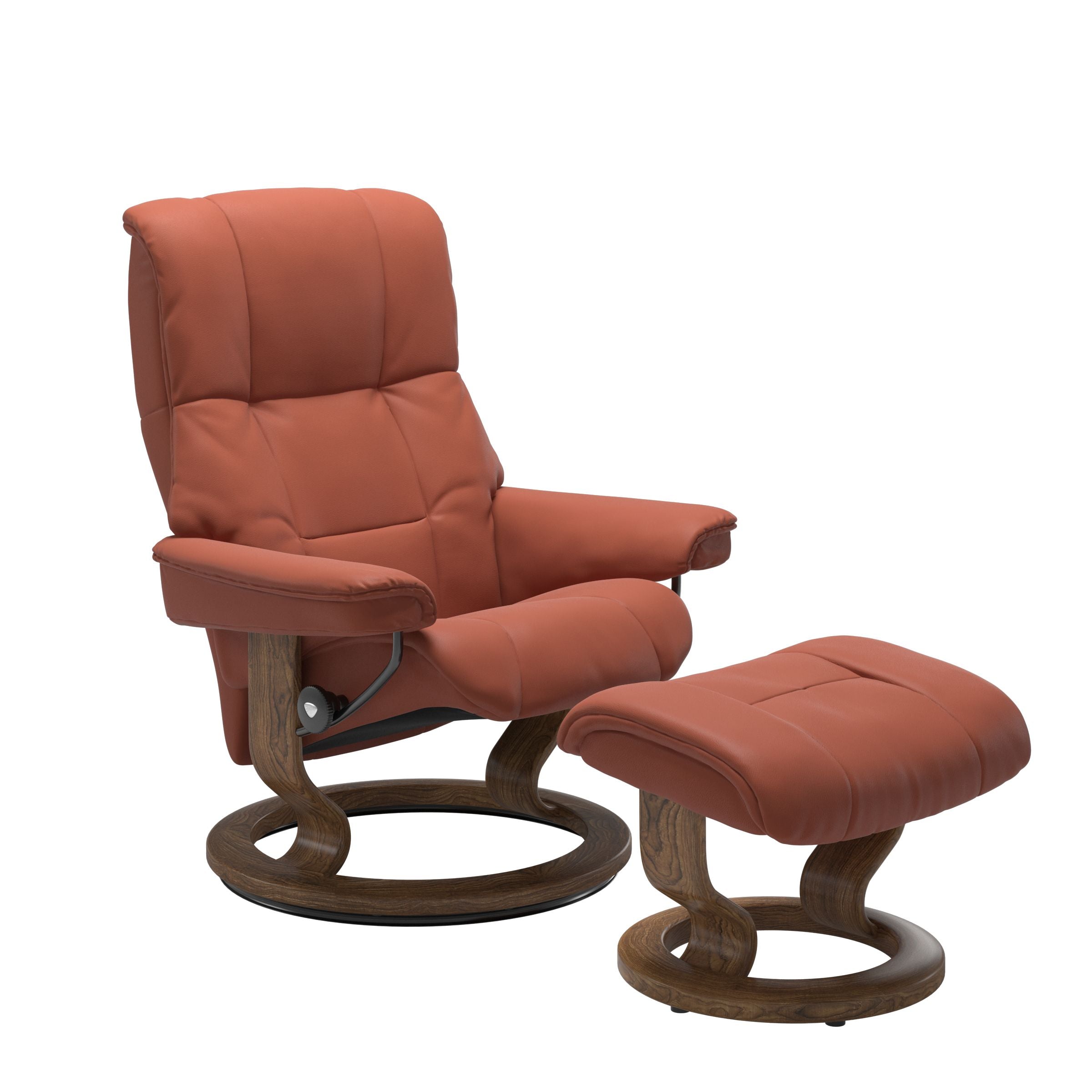Luxurious  leather recliner henna colored with a teak wood classic base and adjustable ottoman