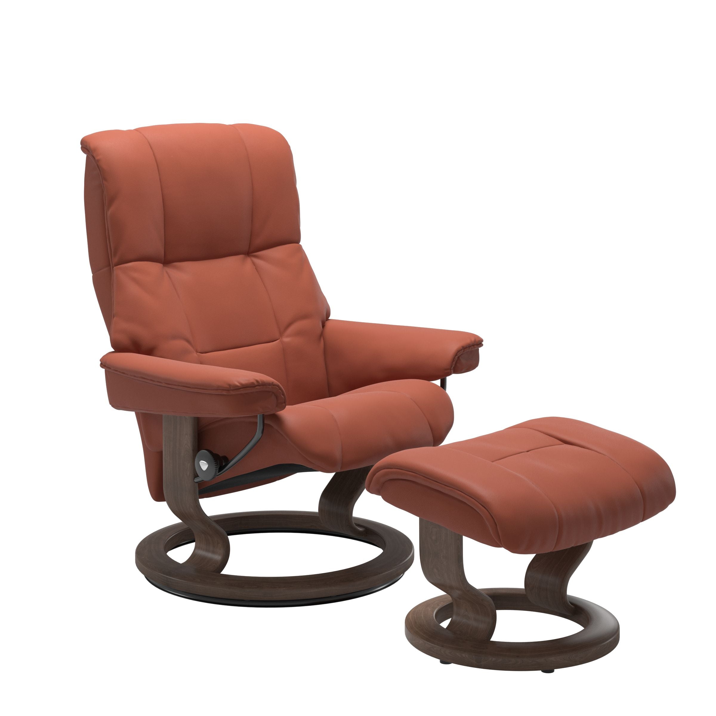 Luxurious  leather recliner henna colored with a walnut wood classic base and adjustable ottoman