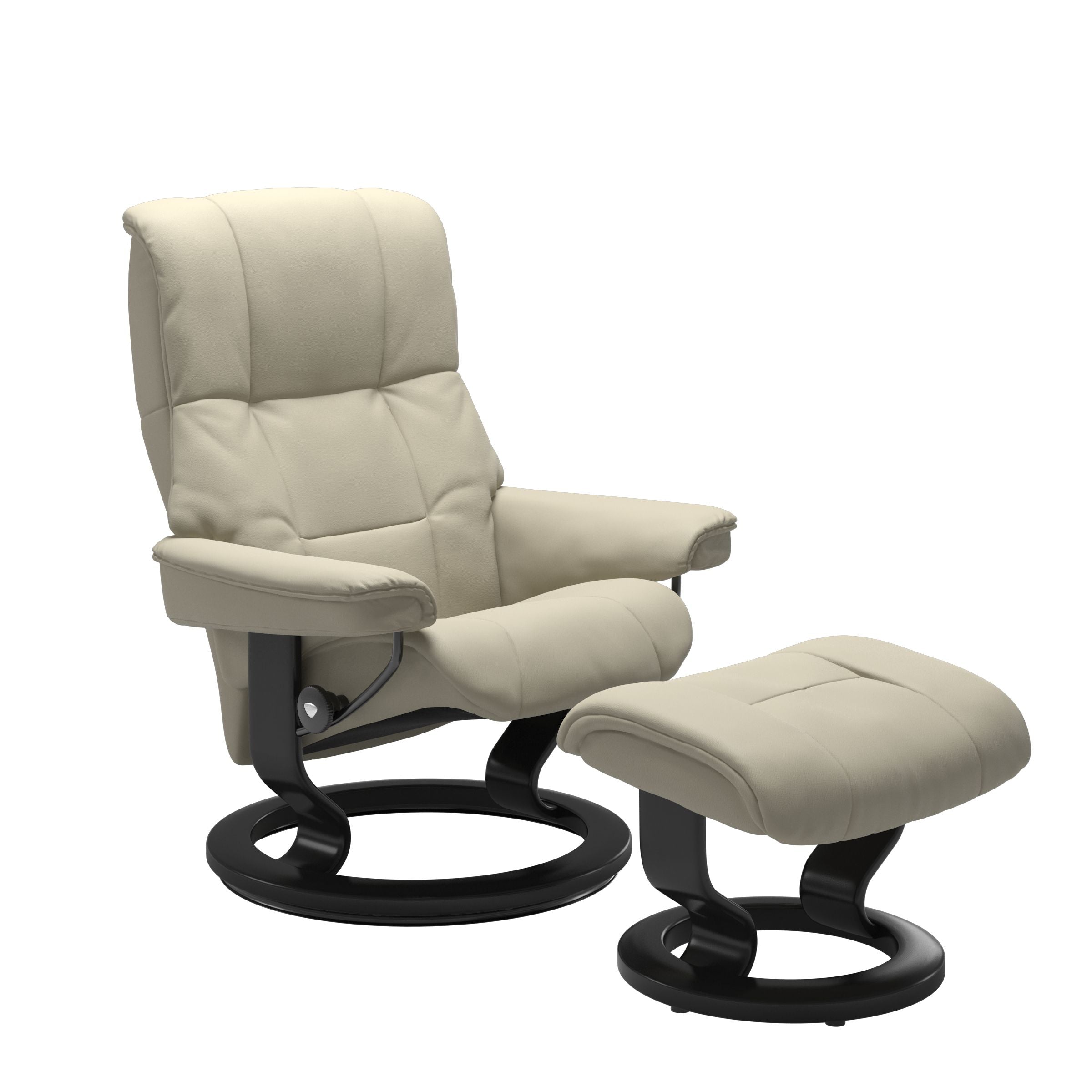 Luxurious  leather recliner light grey colored with a black wood classic base and adjustable ottoman