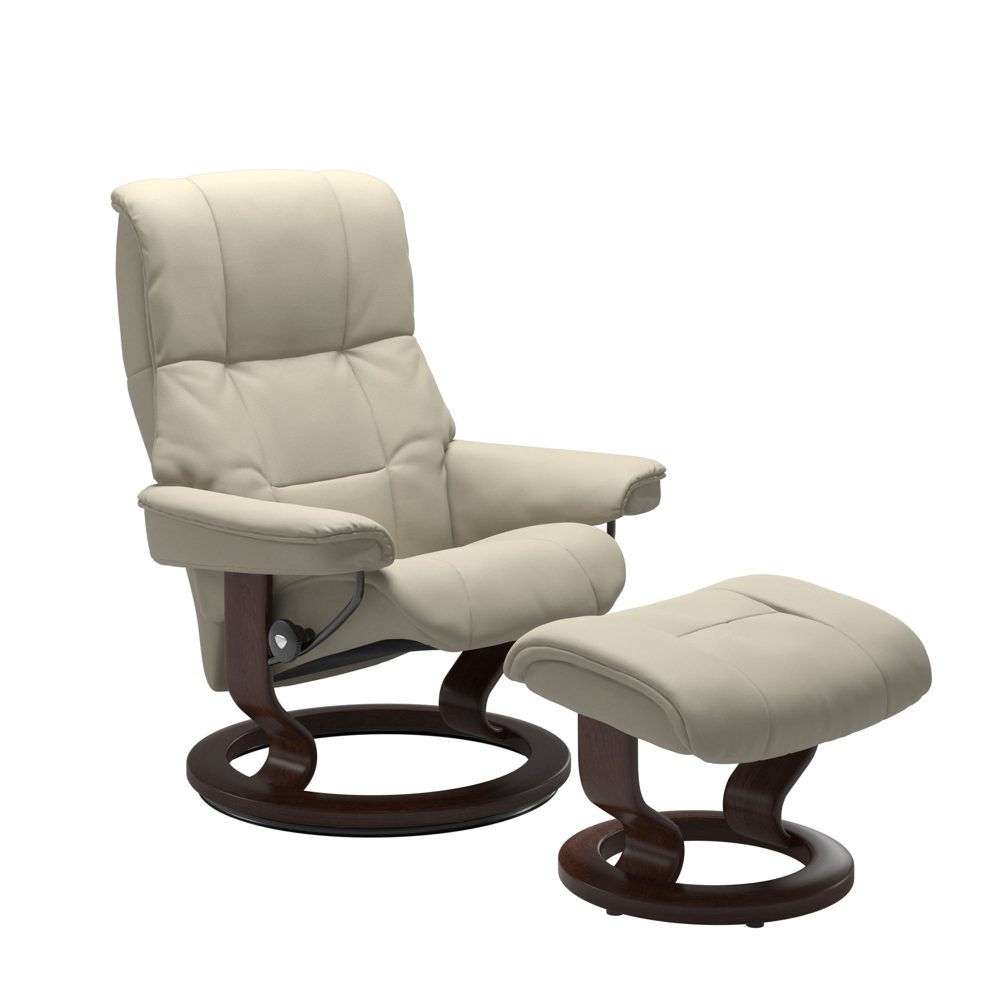 Luxury and Modern recliner with ottoman in light grey color with a classic ring bottom in dark brown wood. 