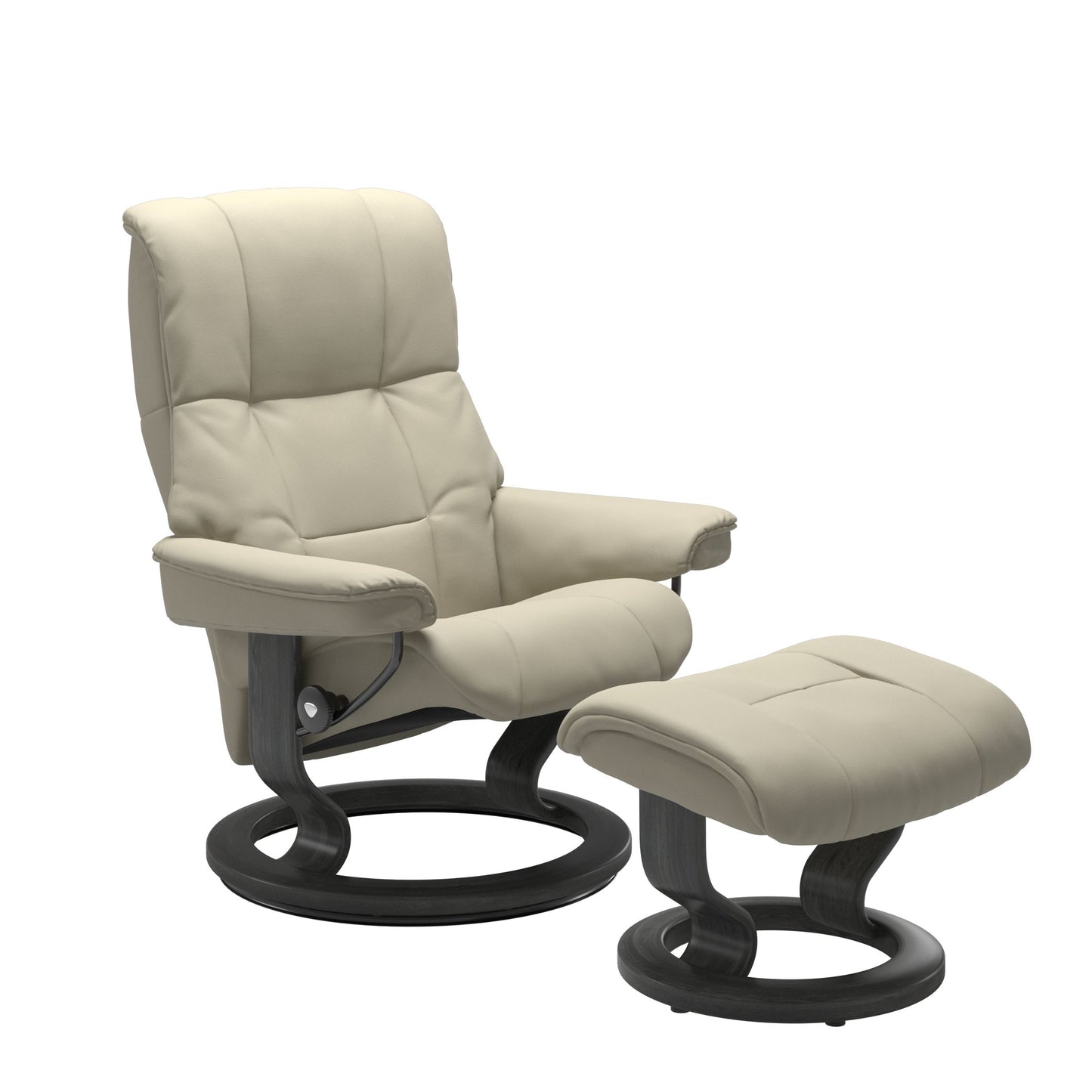 Luxurious  leather recliner light grey colored with a grey wood classic base and adjustable ottoman