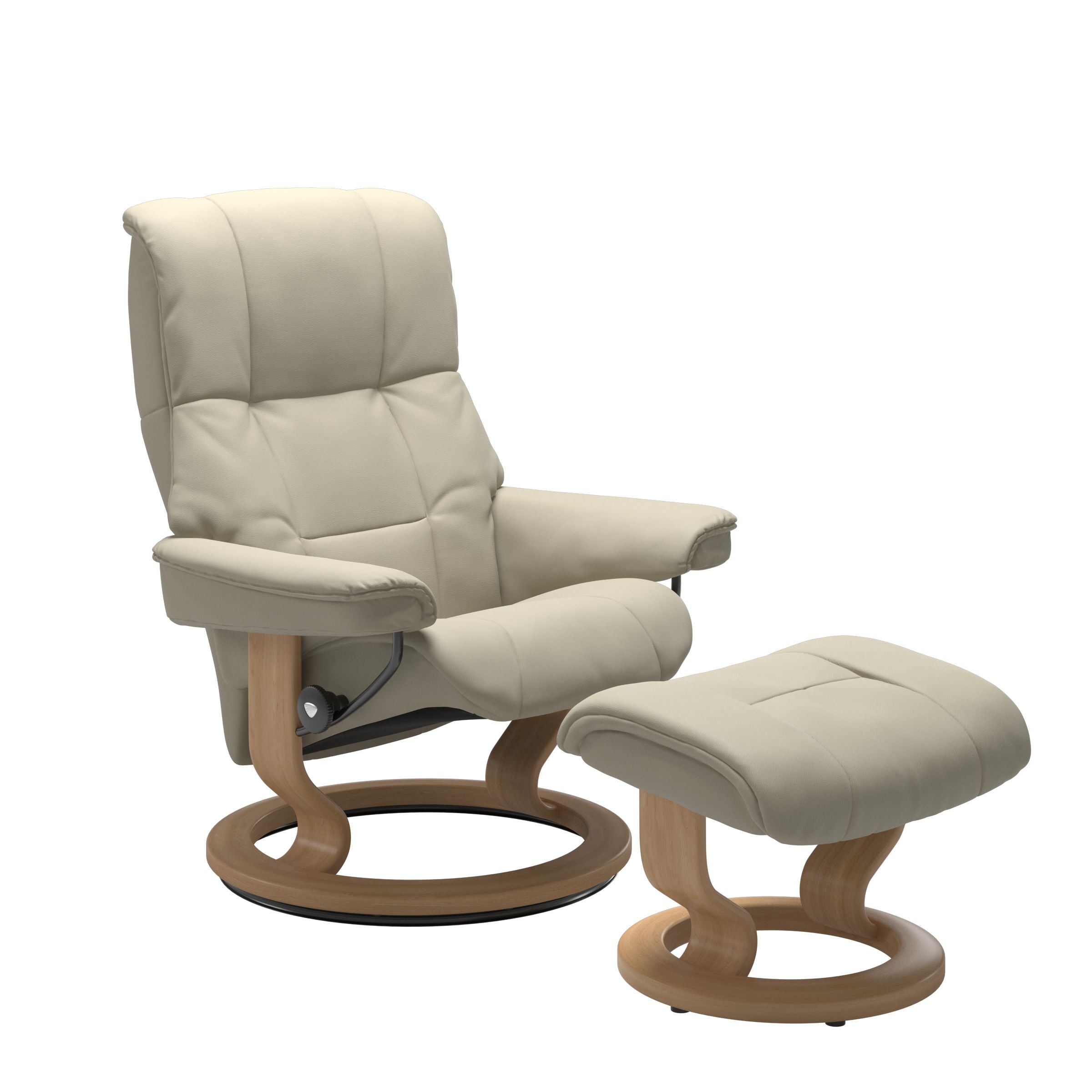Luxurious  leather recliner in light grey color with a oak wood classic base and adjustable ottoman 