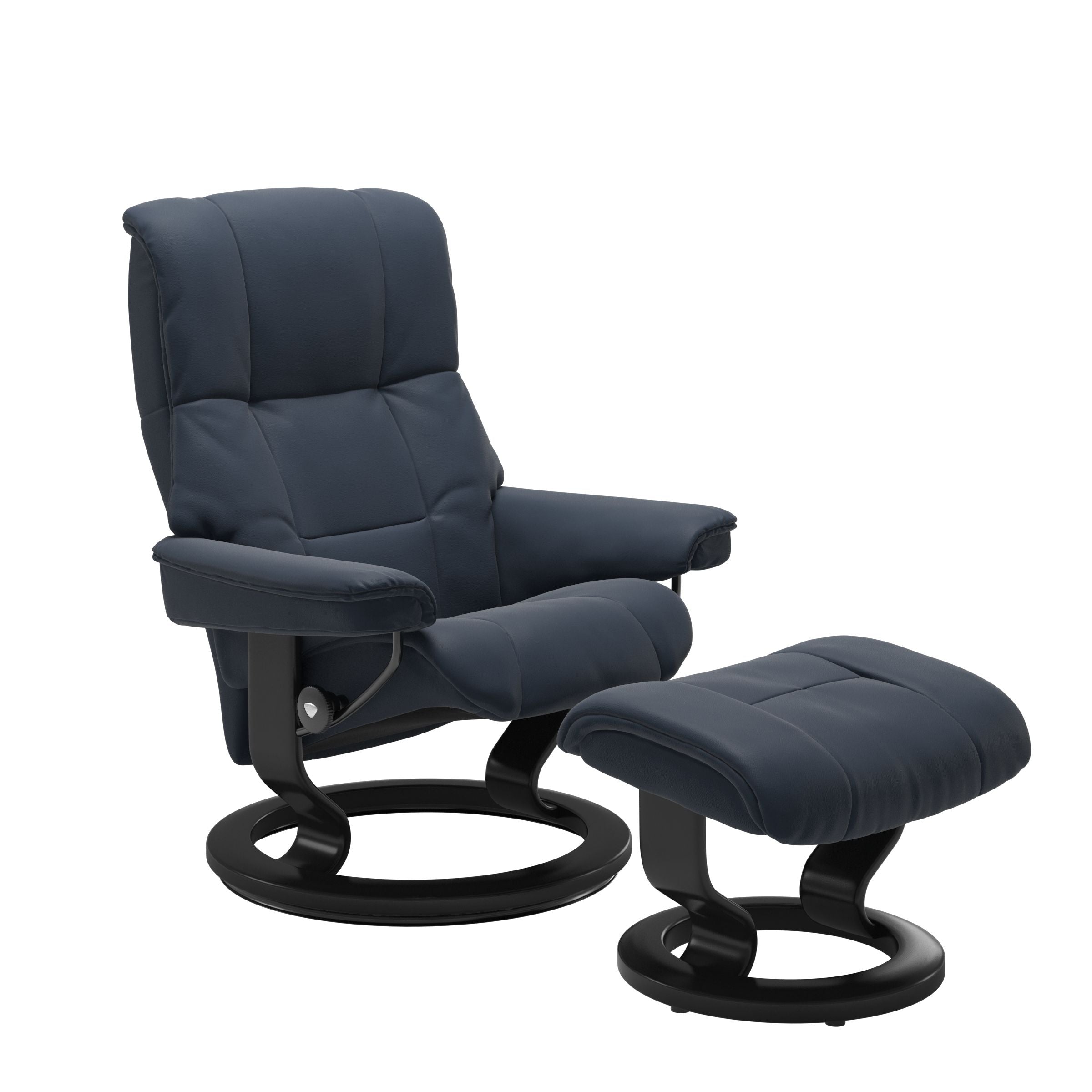 Luxurious  leather recliner navy blue colored with a black wood classic base and adjustable ottoman