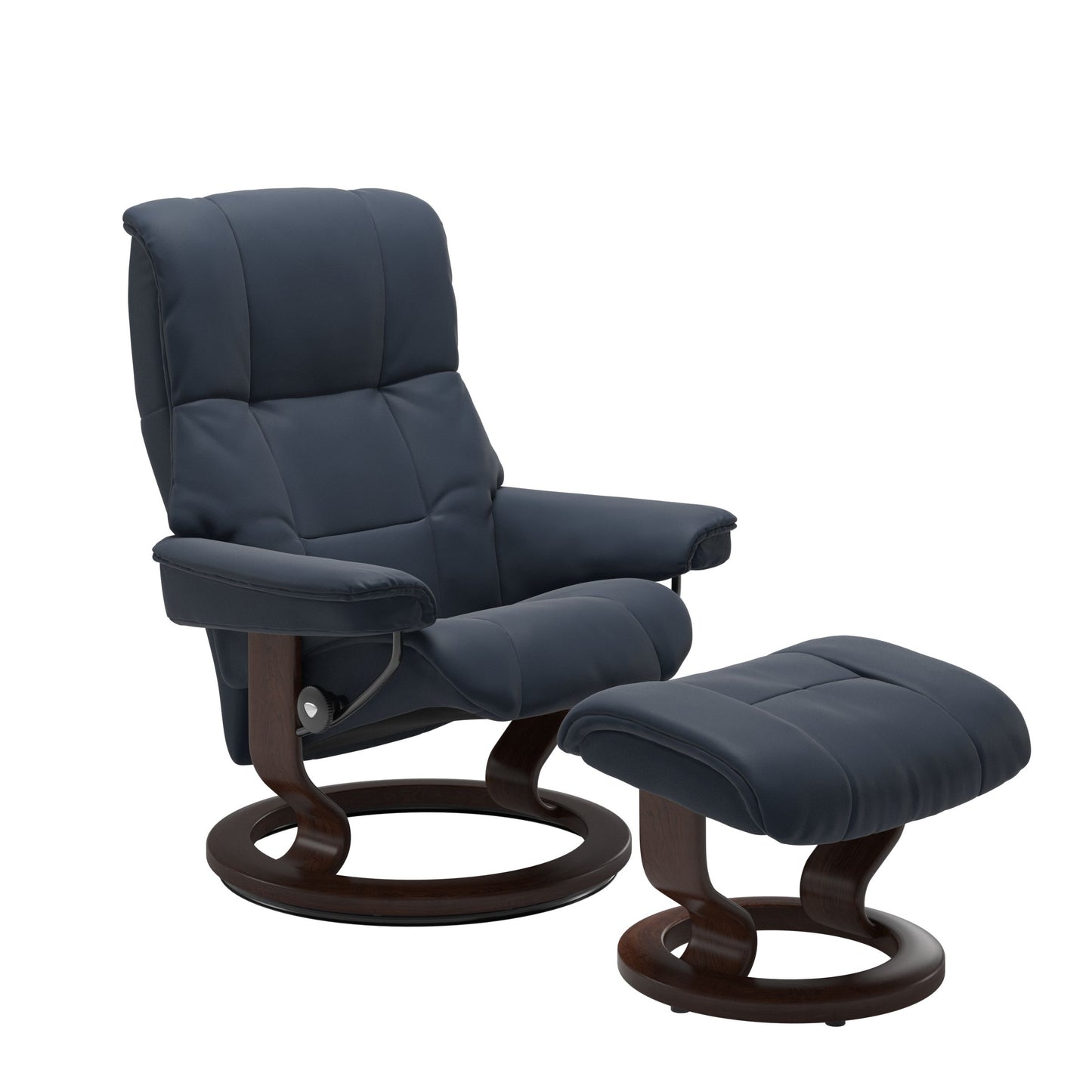 Luxurious  leather recliner navy blue colored with a brown wood classic base and adjustable ottoman