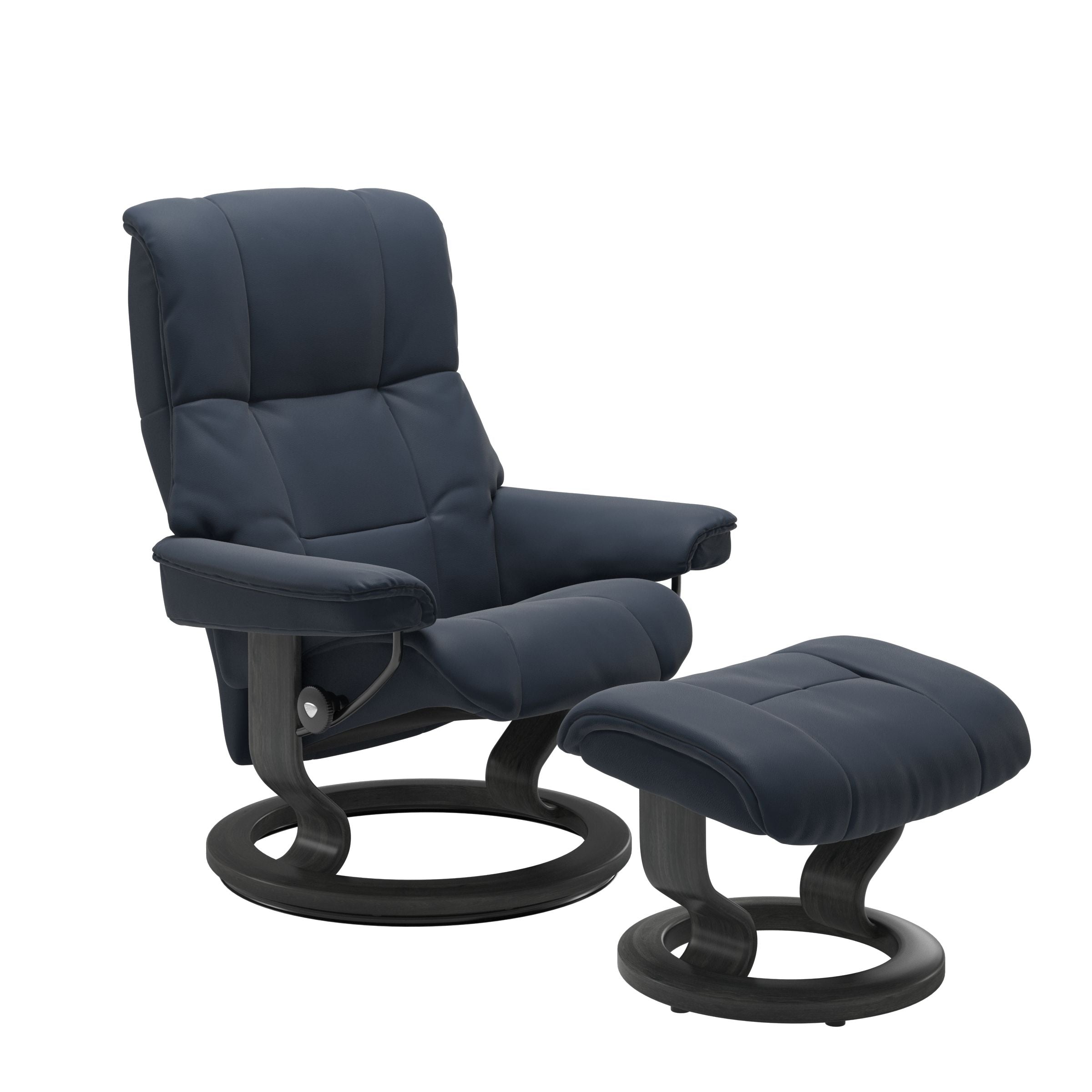 Luxurious  leather recliner navy blue colored with a grey wood classic base and adjustable ottoman