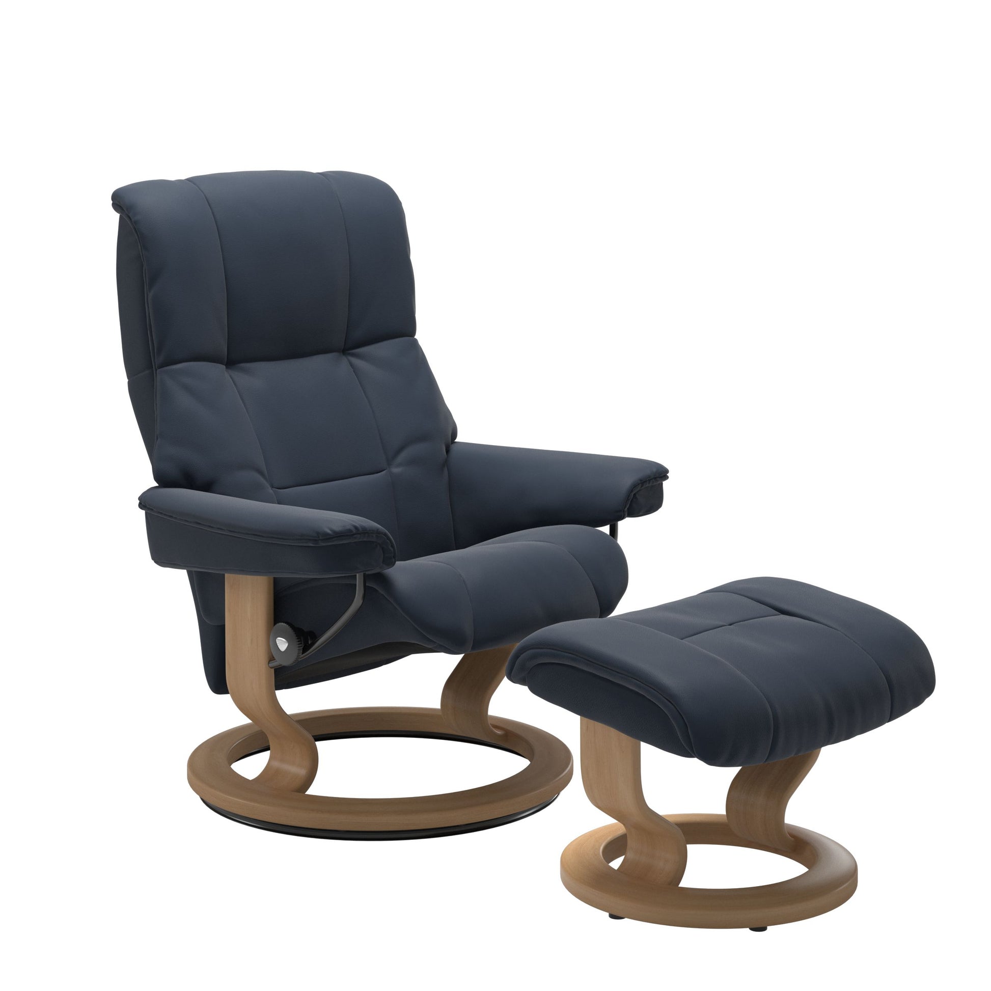 Luxury and Modern recliner with ottoman in oxford blue with a classic ring bottom in oak wood. 