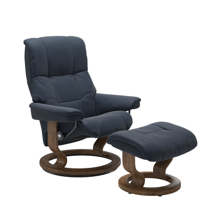 Luxury and Modern recliner with ottoman in oxford blue with a classic ring bottom in teak wood. 