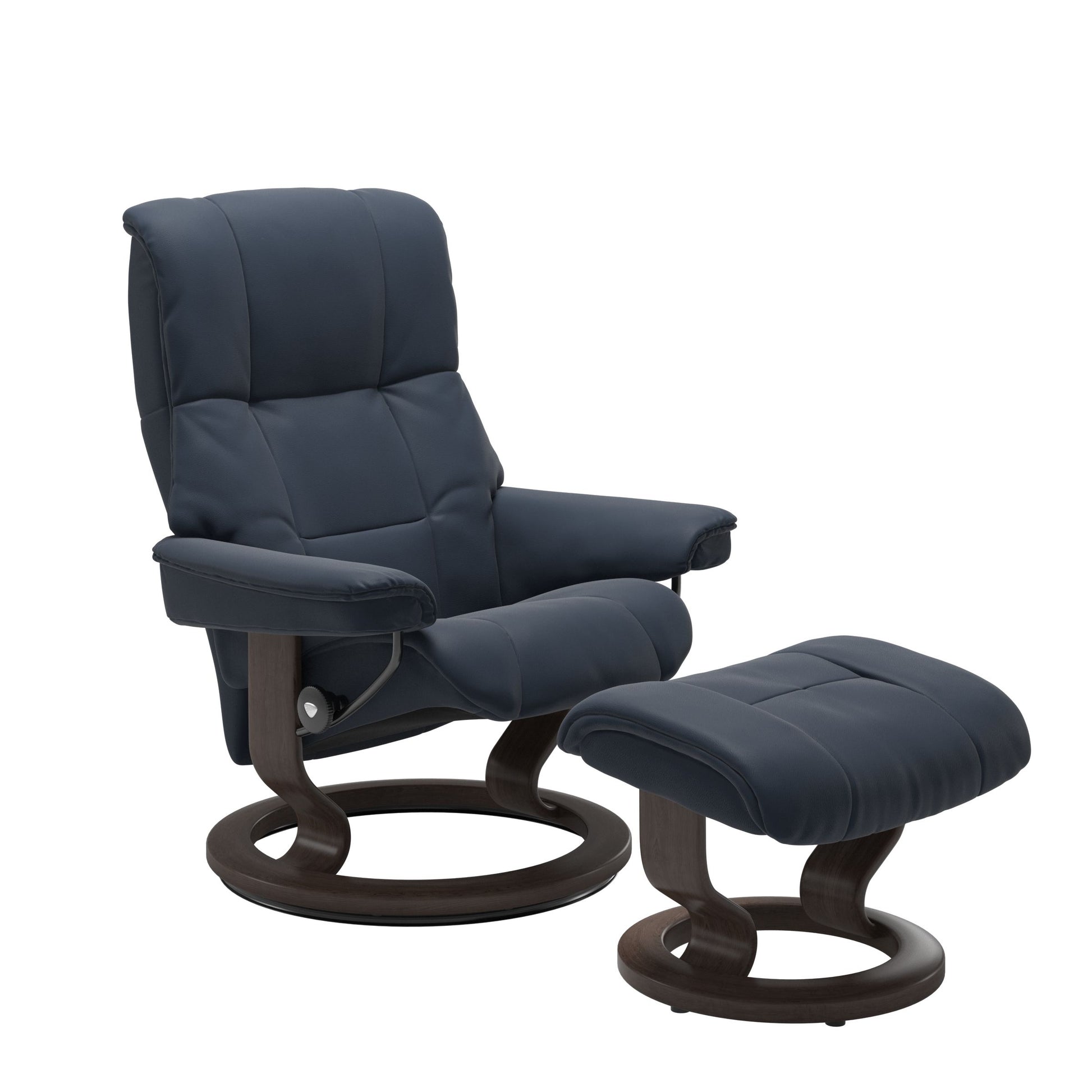 Luxurious  leather recliner navy blue colored with a wenge wood classic base and adjustable ottoman
