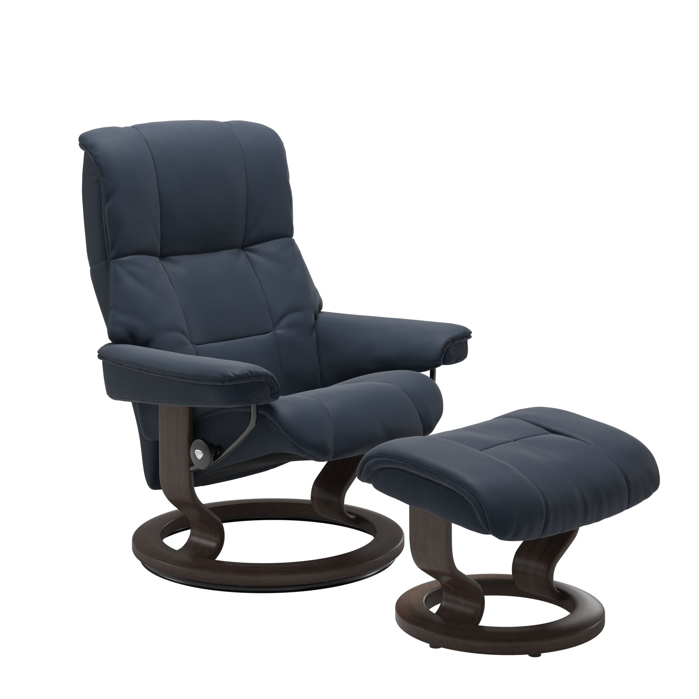 Luxurious  leather recliner navy blue colored with a wenge wood classic base and adjustable ottoman