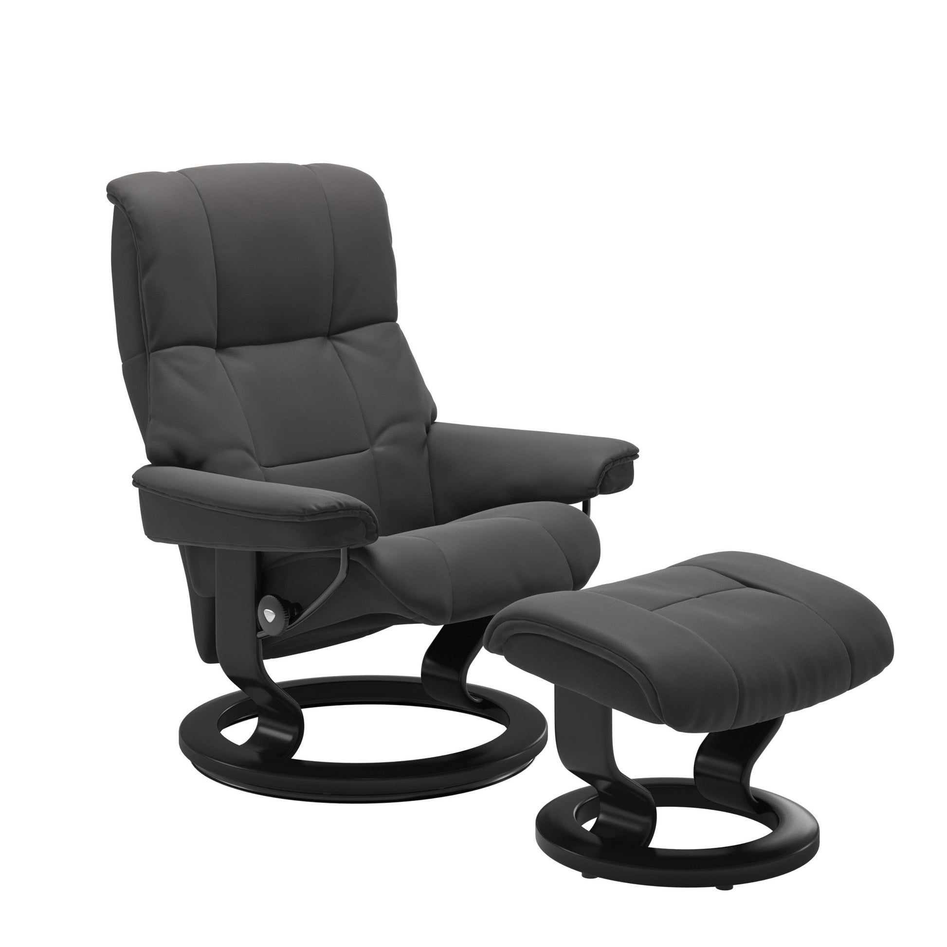 Luxurious  leather recliner in dark grey colored with a brown wood classic base and adjustable ottoman