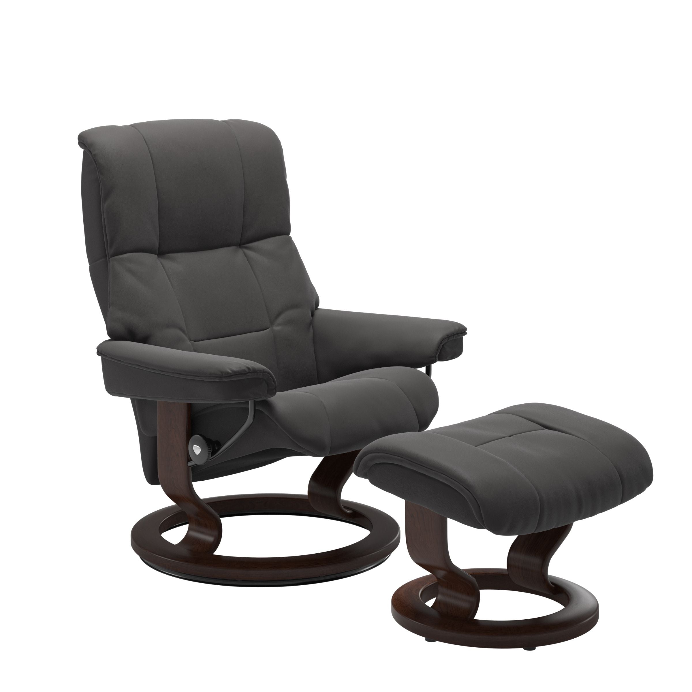 Luxurious  leather recliner dark grey  colored with a brown wood classic base and adjustable ottoman