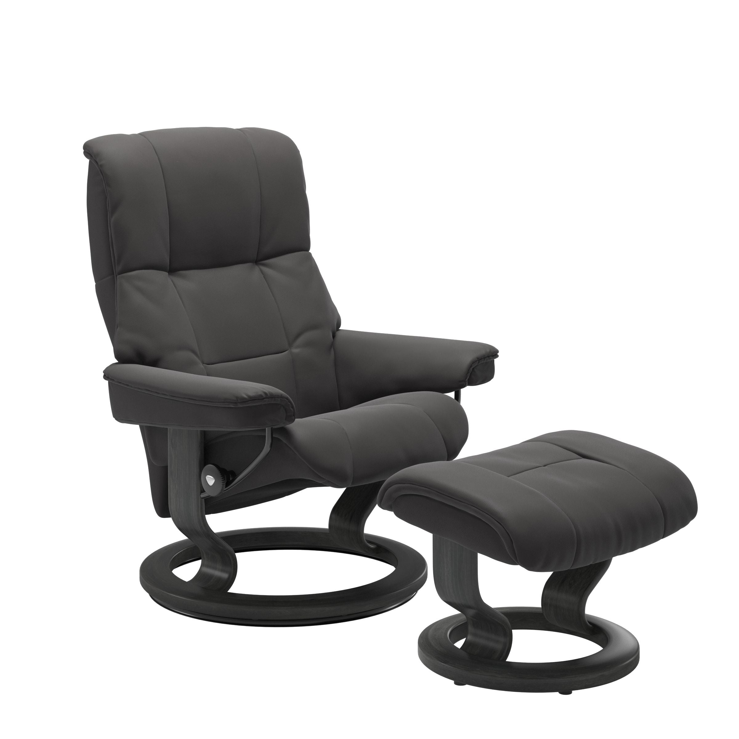 Luxurious  leather recliner dark grey  colored with a grey wood classic base and adjustable ottoman