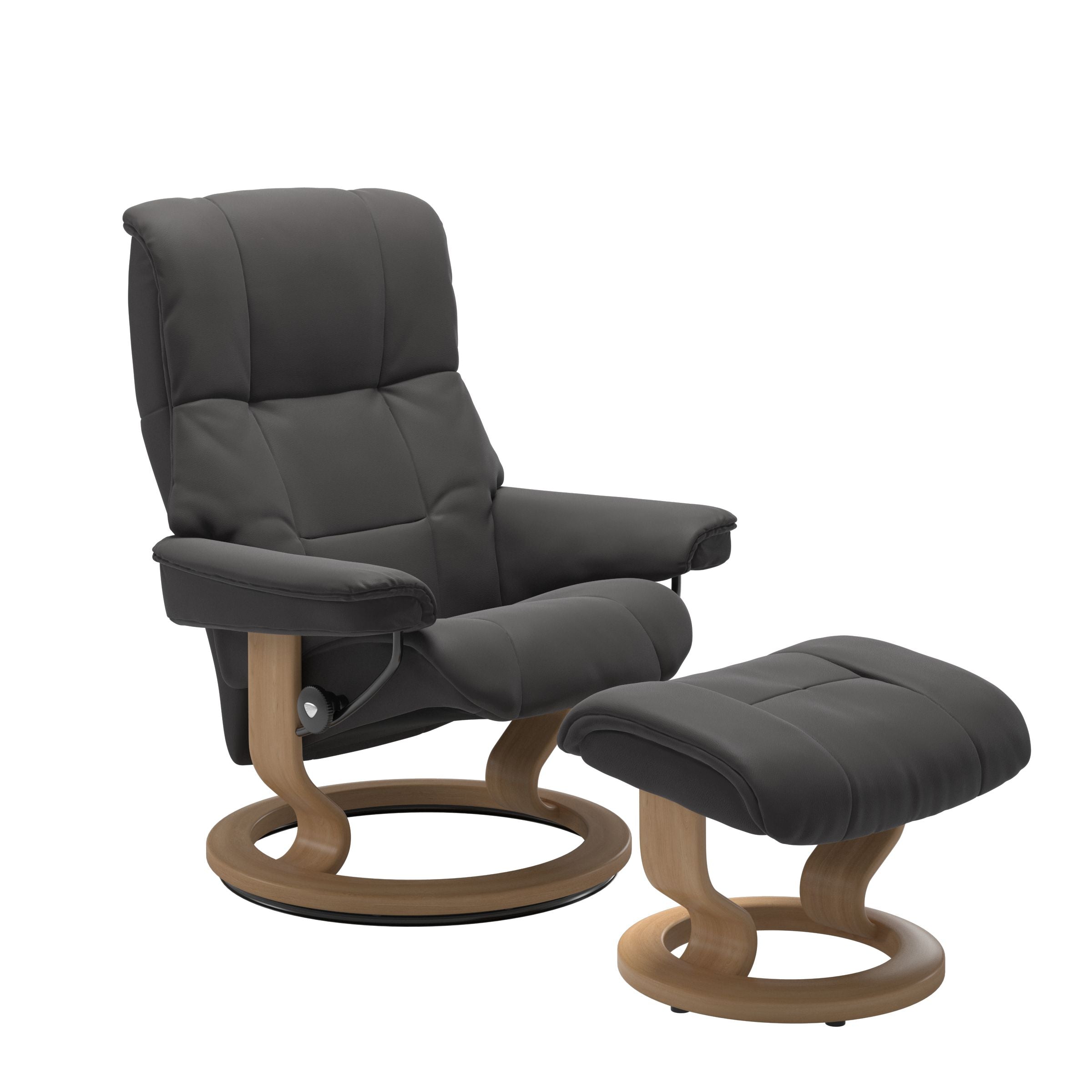Luxurious  leather recliner dark grey  colored with a oak wood classic base and adjustable ottoman