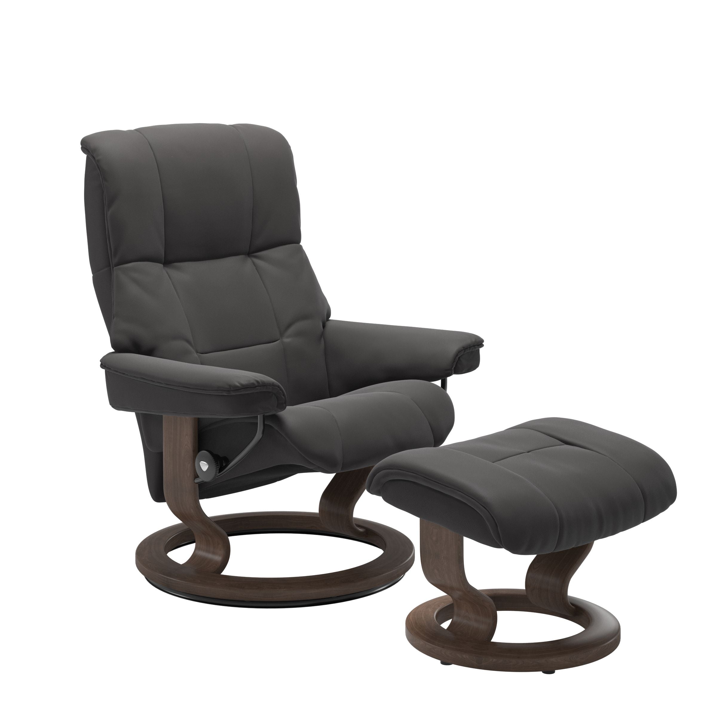 Luxurious  leather recliner dark grey  colored with a walnut wood classic base and adjustable ottoman