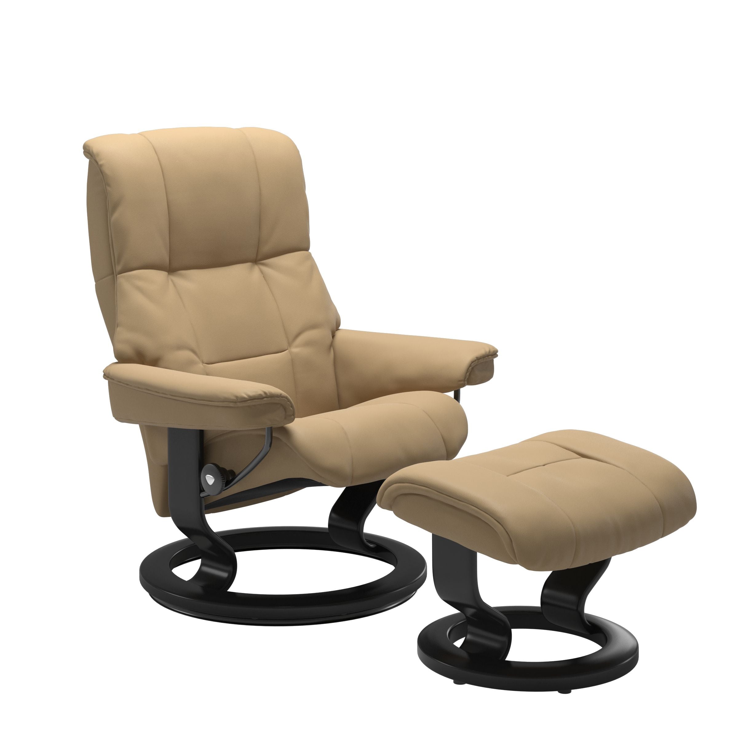Luxurious  leather recliner light tan colored with a black wood classic base and adjustable ottoman