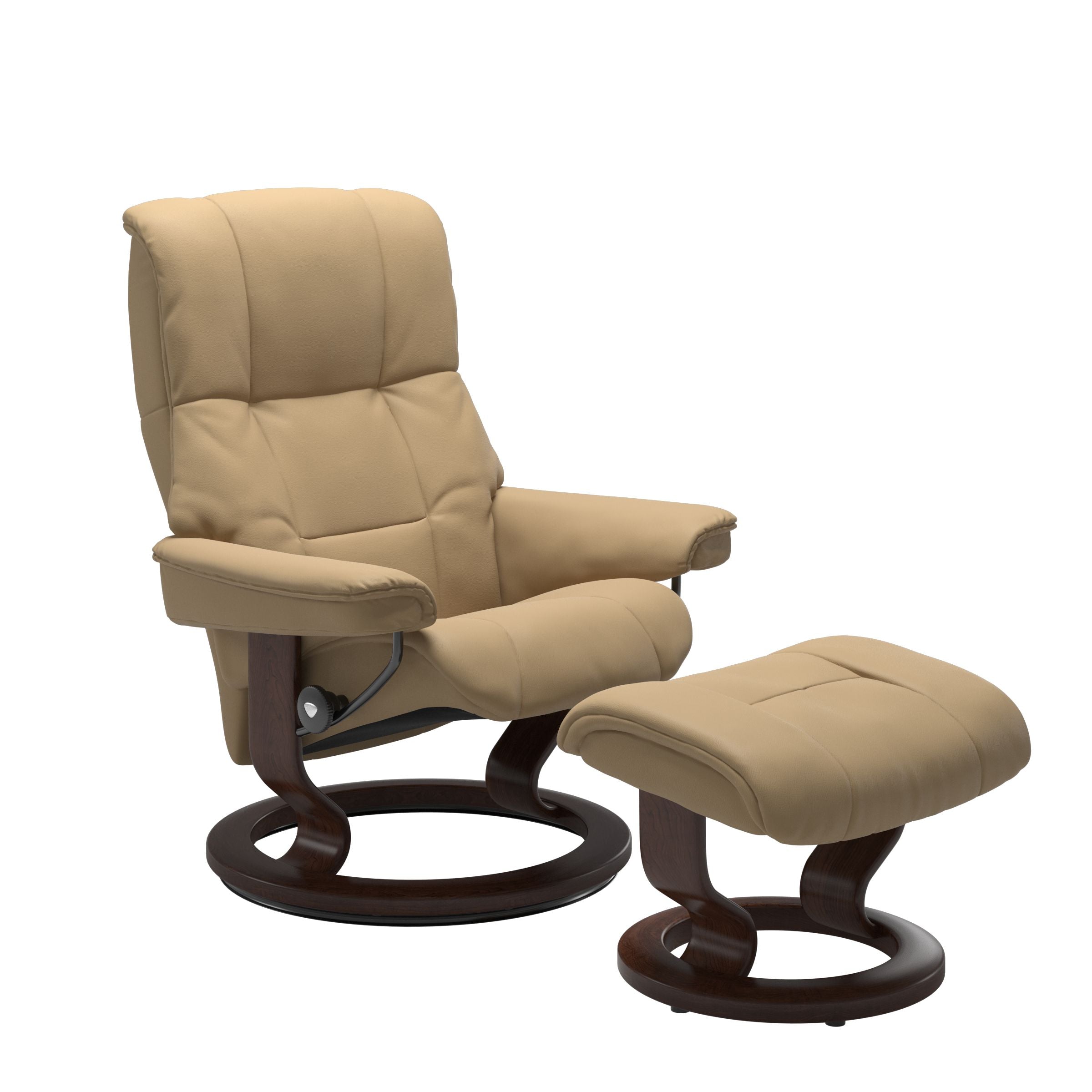 Luxurious  leather recliner light tan  colored with a brown wood classic base and adjustable ottoman