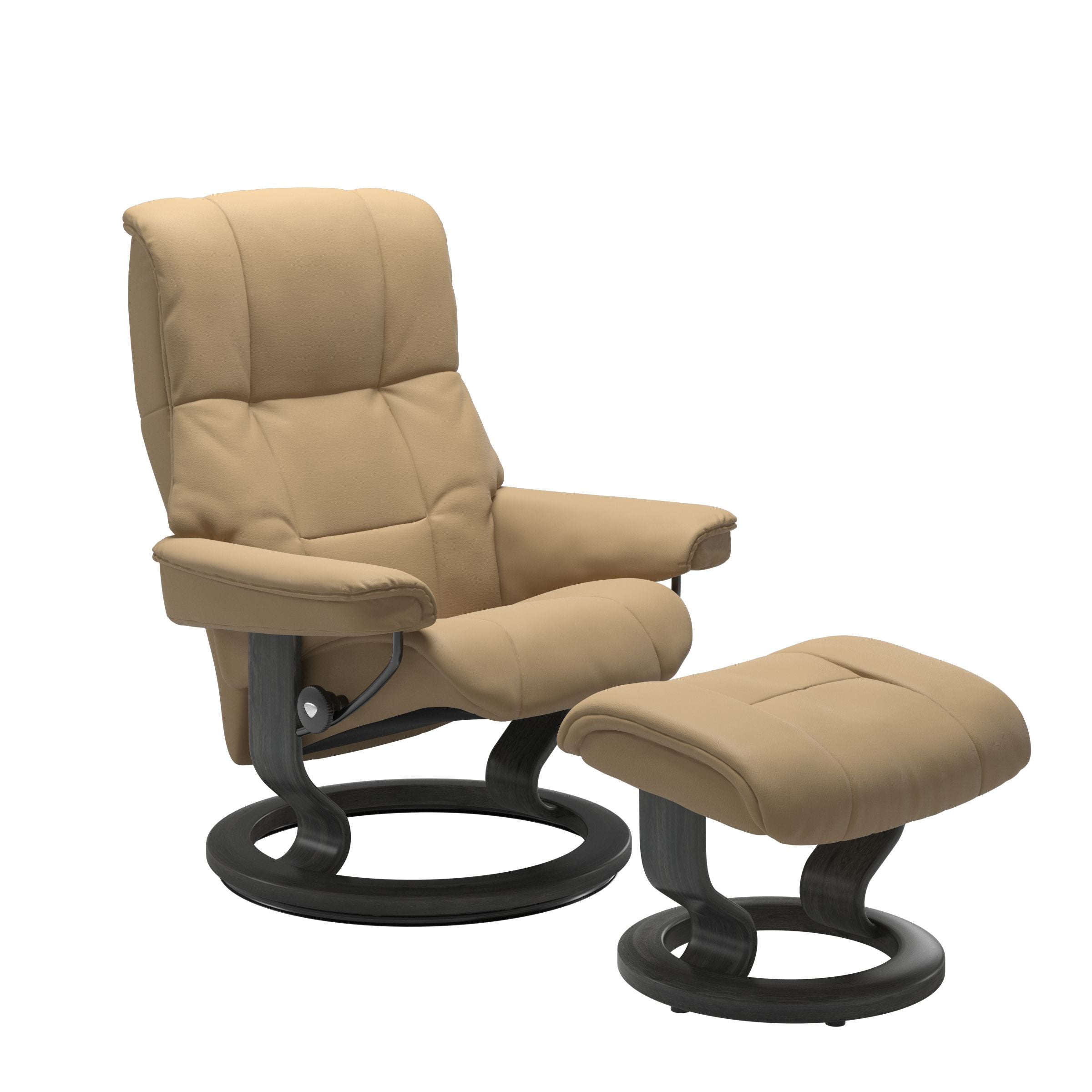 Luxurious  leather recliner sand colored with a grey wood classic base and adjustable ottoman.