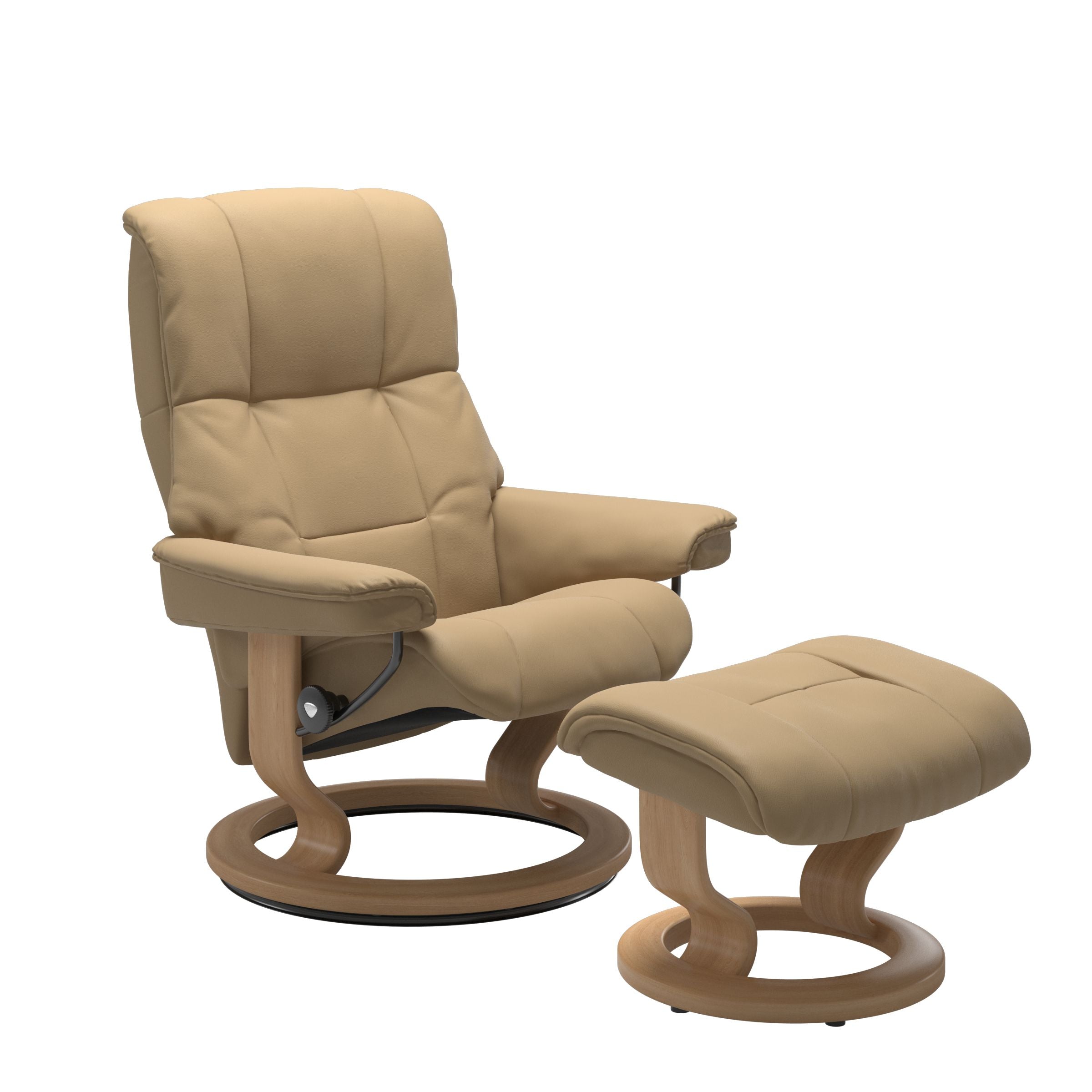 Luxurious  leather recliner light tan  colored with a oak wood classic base and adjustable ottoman