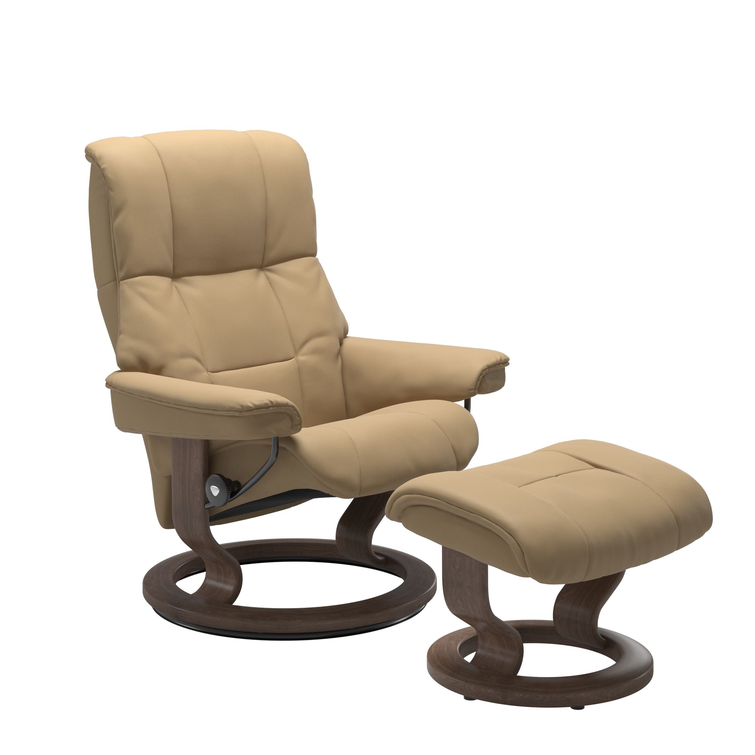 Luxurious  leather recliner light tan  colored with a walnut wood classic base and adjustable ottoman