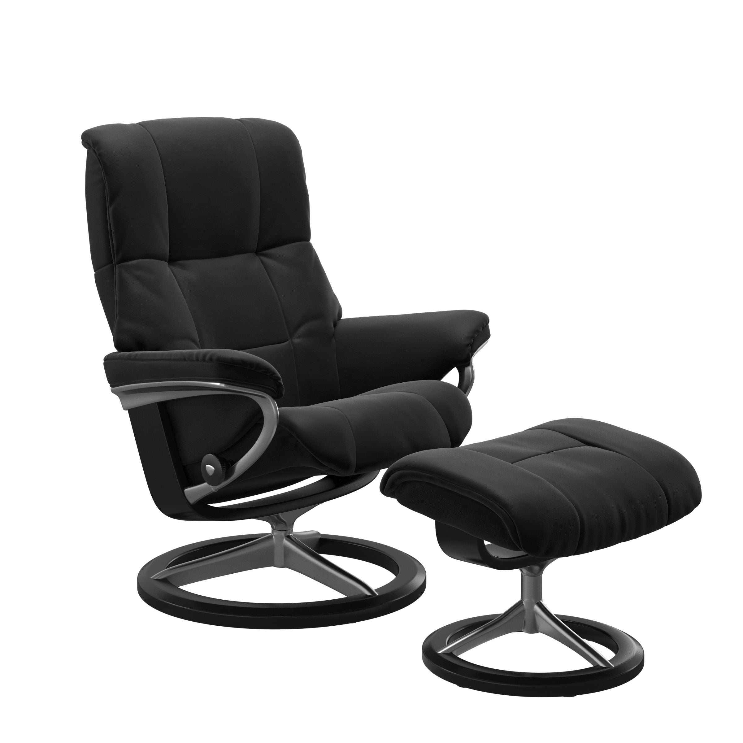 Paloma black colored reclining chair with matching ottoman, both featuring padded cushions and black circular base. 