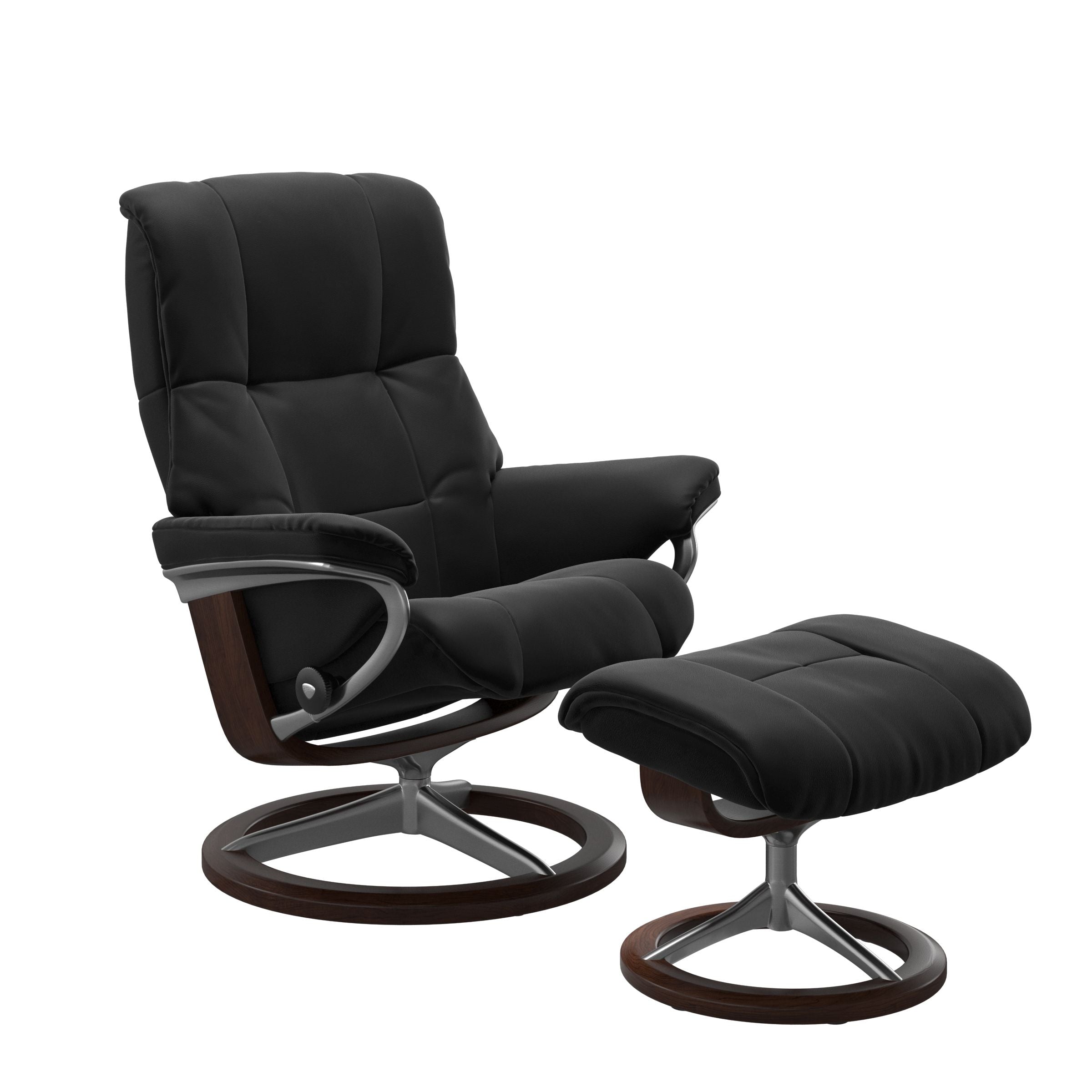 Paloma black colored reclining chair with matching ottoman, both featuring padded cushions and brown circular base. 