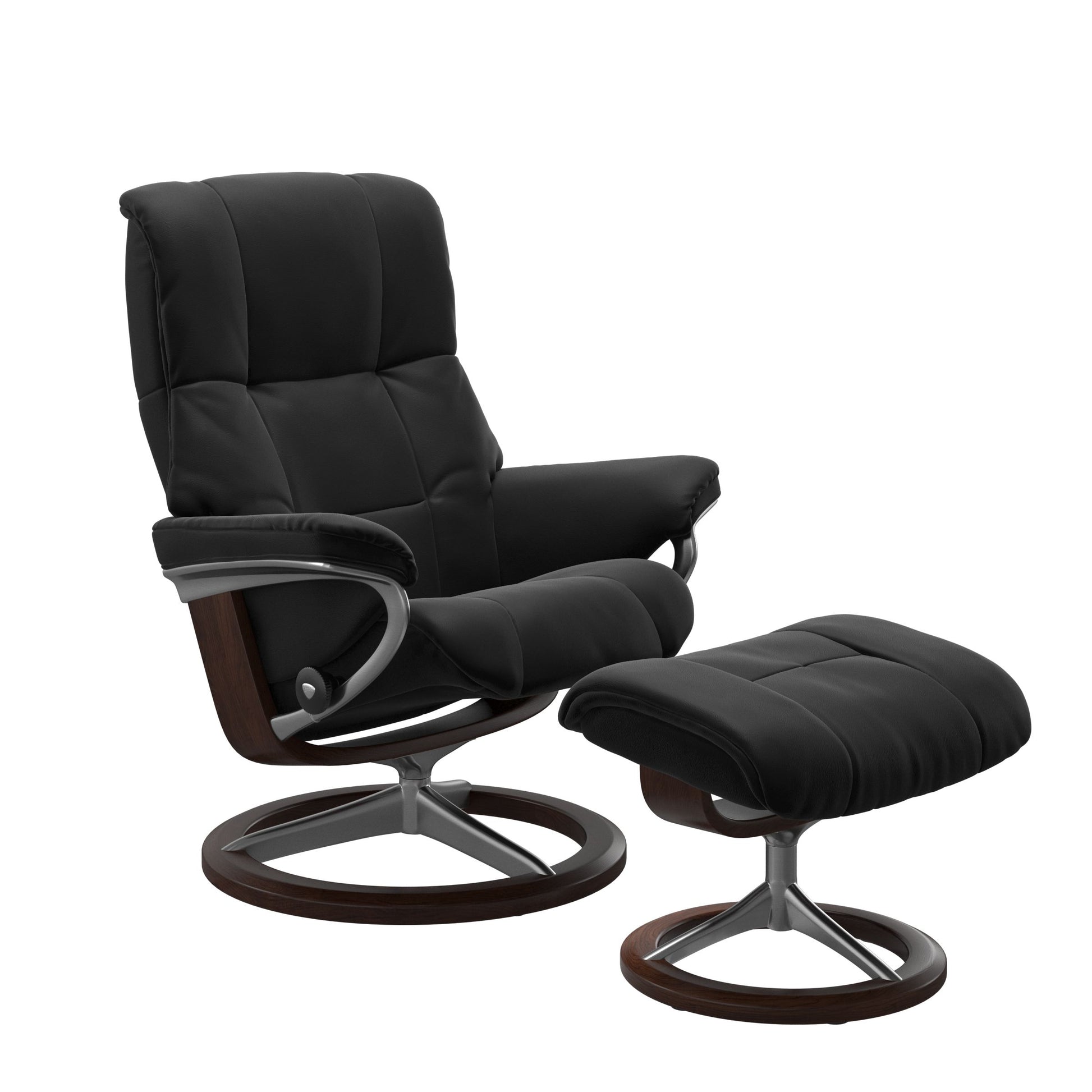 Luxurious leather recliner in Paloma Black color with a classic base brown wood and adjustable ottoman.
