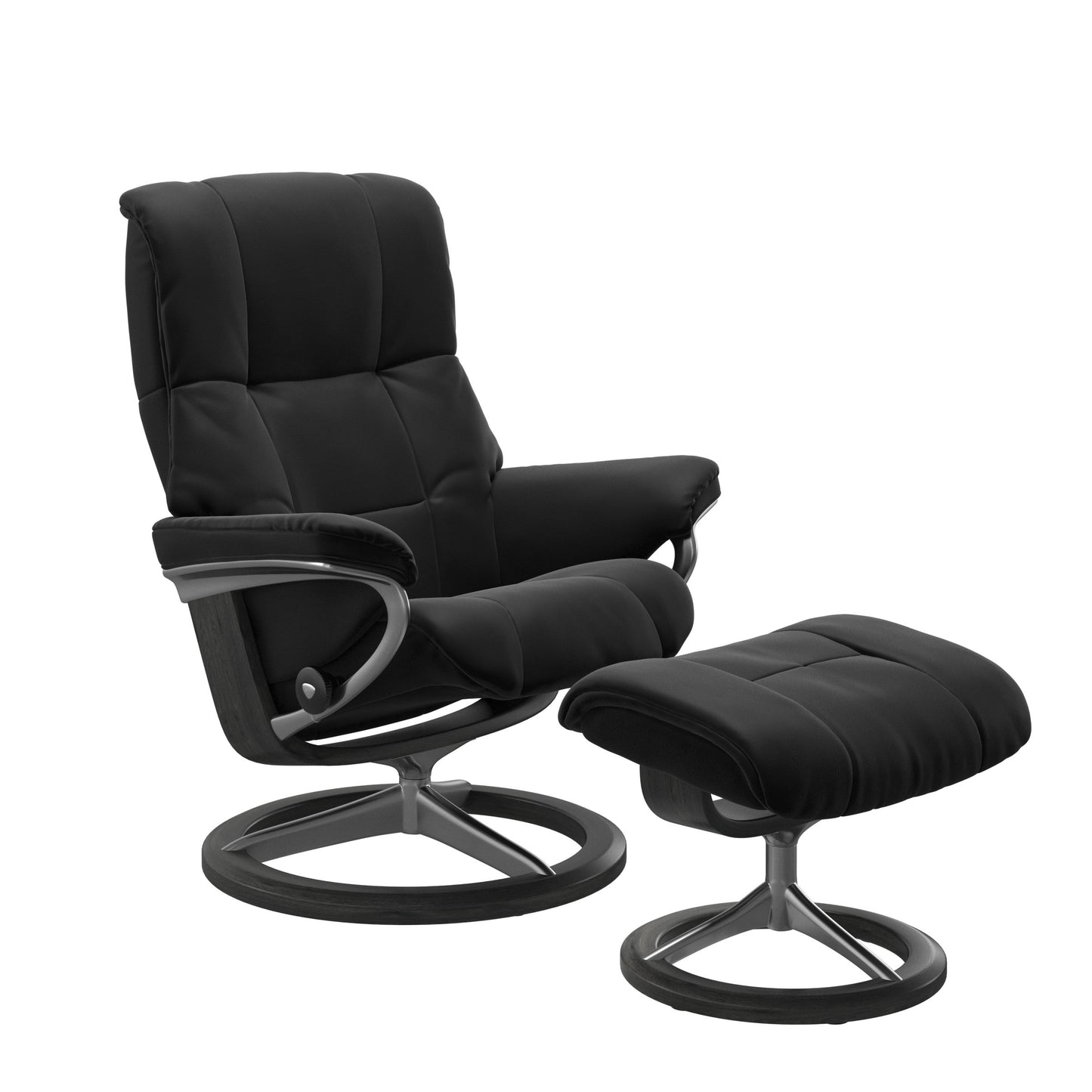 Paloma black colored reclining chair with matching ottoman, both featuring padded cushions and grey circular base.