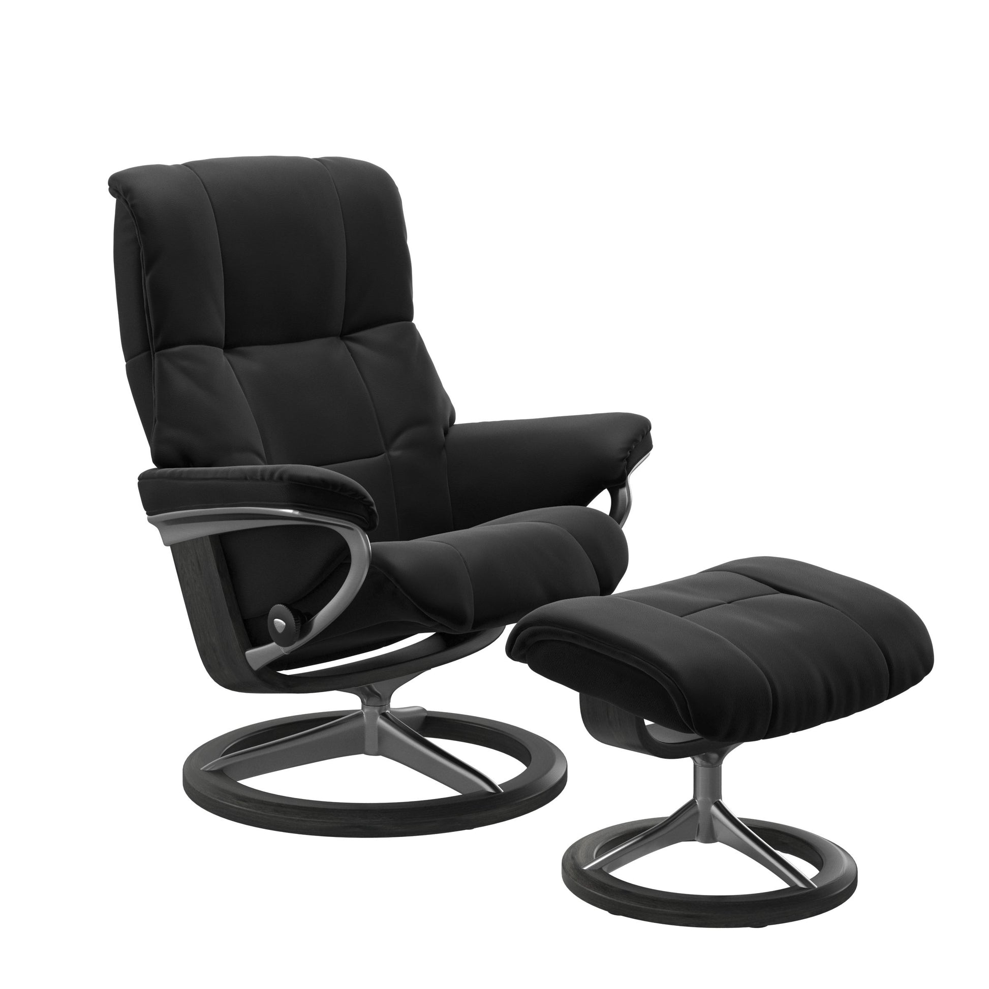 Paloma black colored reclining chair with matching ottoman, both featuring padded cushions and grey circular base.