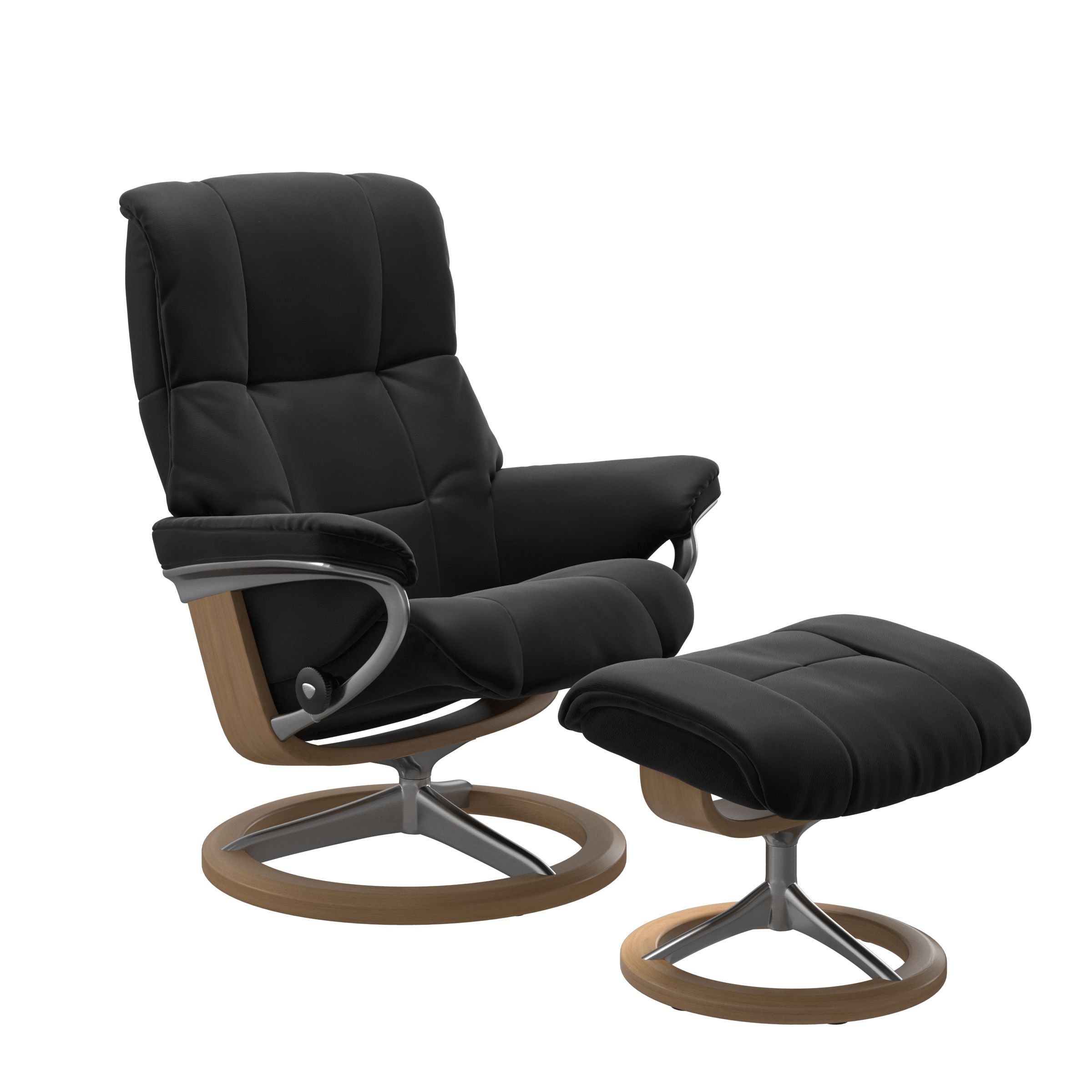 Luxurious leather recliner in Paloma Black color with a classic base oak wood and adjustable ottoman.