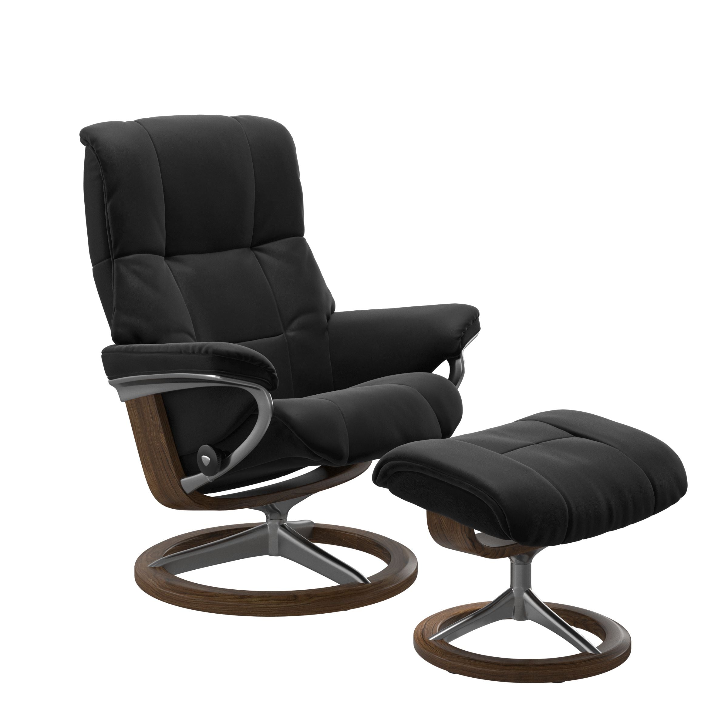 Paloma black colored reclining chair with matching ottoman, both featuring padded cushions and teak circular base. 
