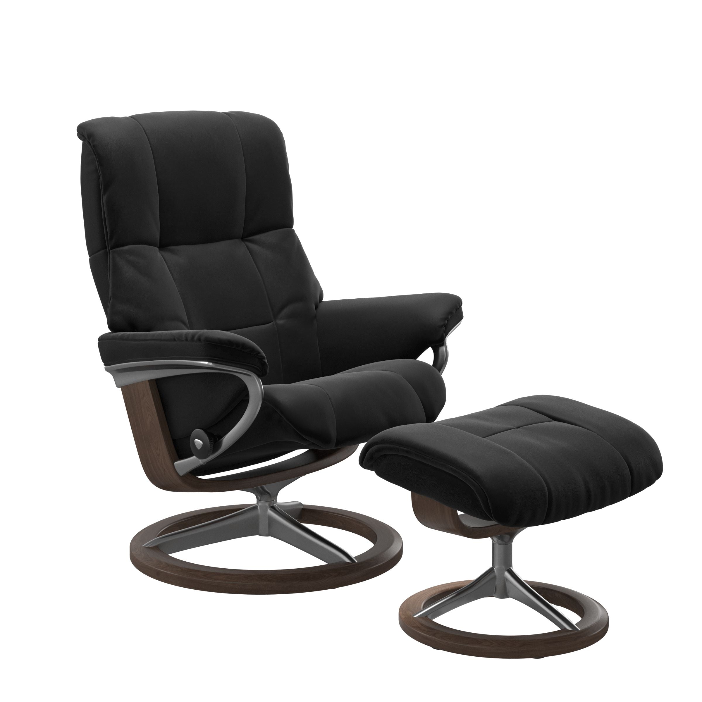 Paloma black colored reclining chair with matching ottoman, both featuring padded cushions and walnut circular base. 