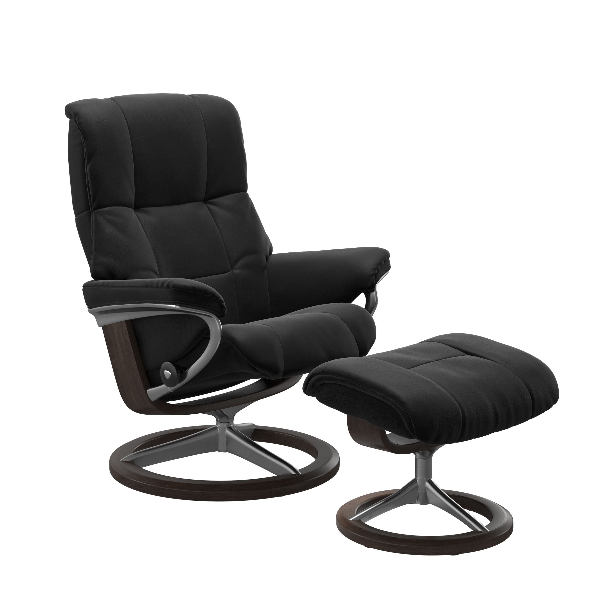 Paloma black colored reclining chair with matching ottoman, both featuring padded cushions and wenge circular base. 