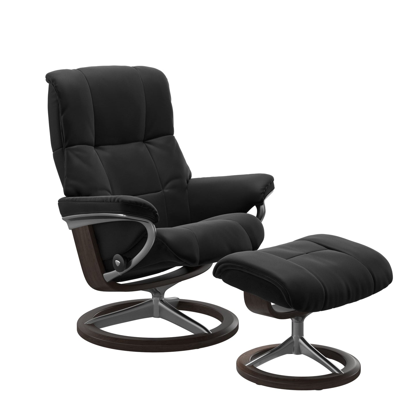 Luxurious leather recliner in Paloma Black color with a classic base wenge wood and adjustable ottoman.