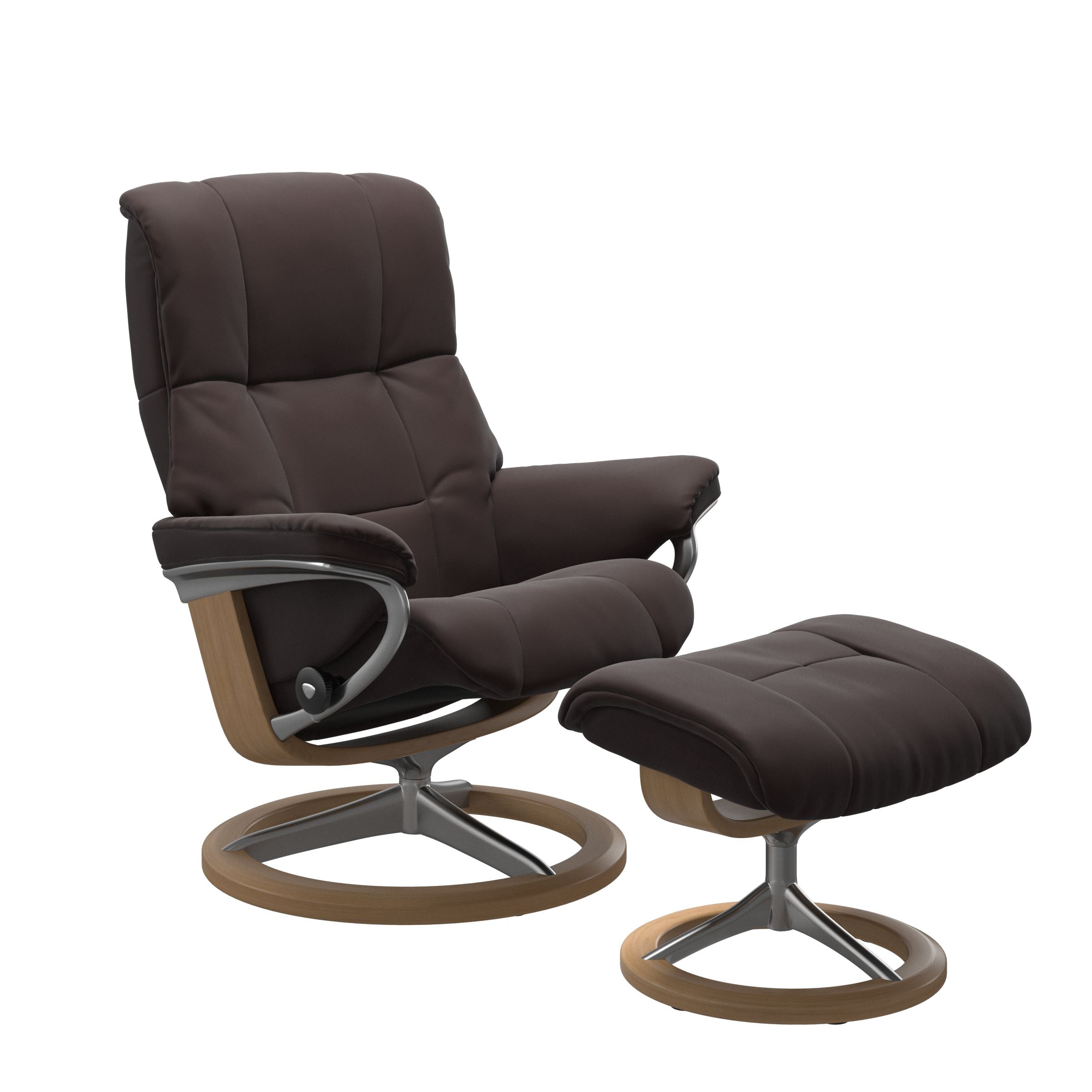 Paloma chocolate colored reclining chair with matching ottoman, both featuring padded cushions and oak circular base. 
