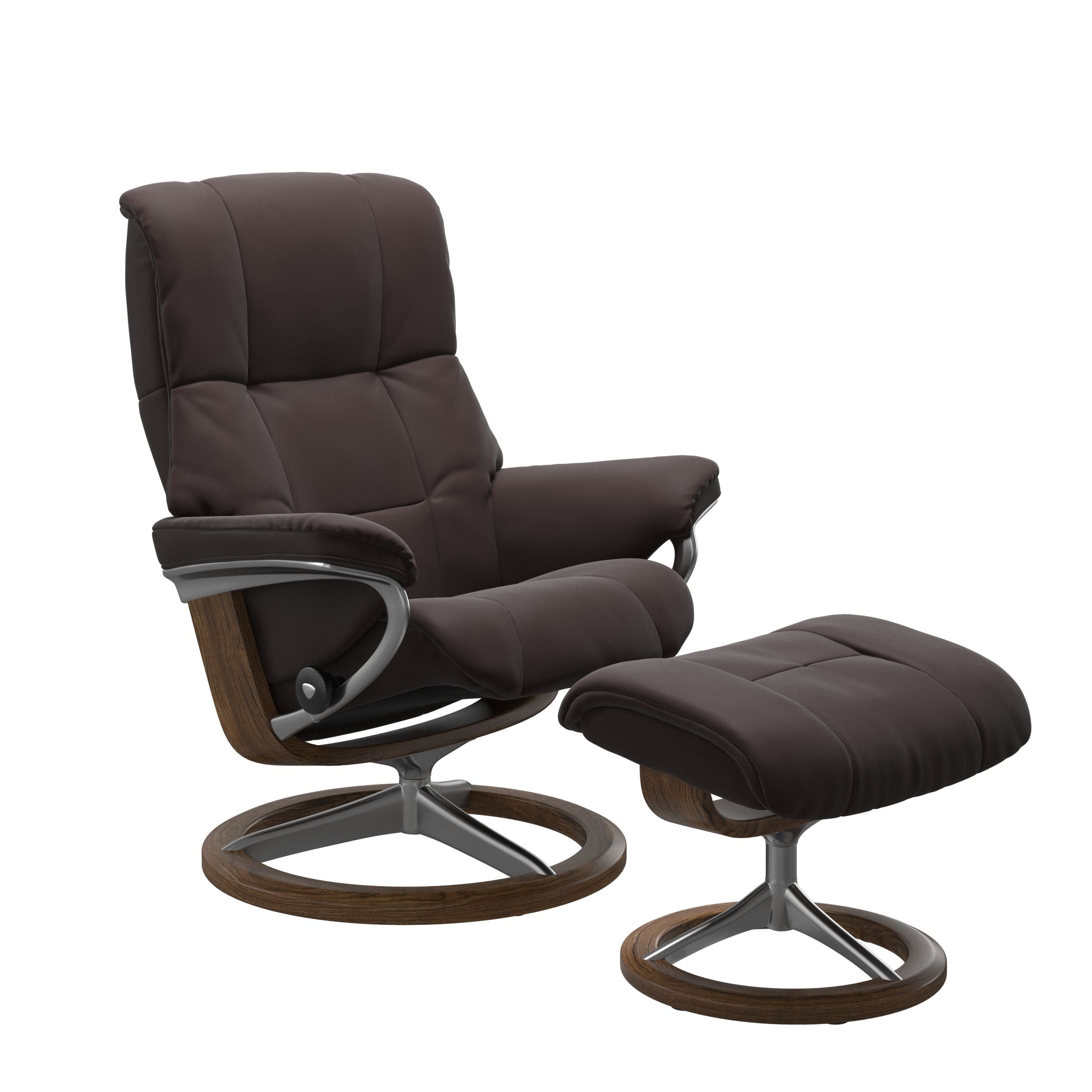 Paloma chocolate colored reclining chair with matching ottoman, both featuring padded cushions and teak circular base. 