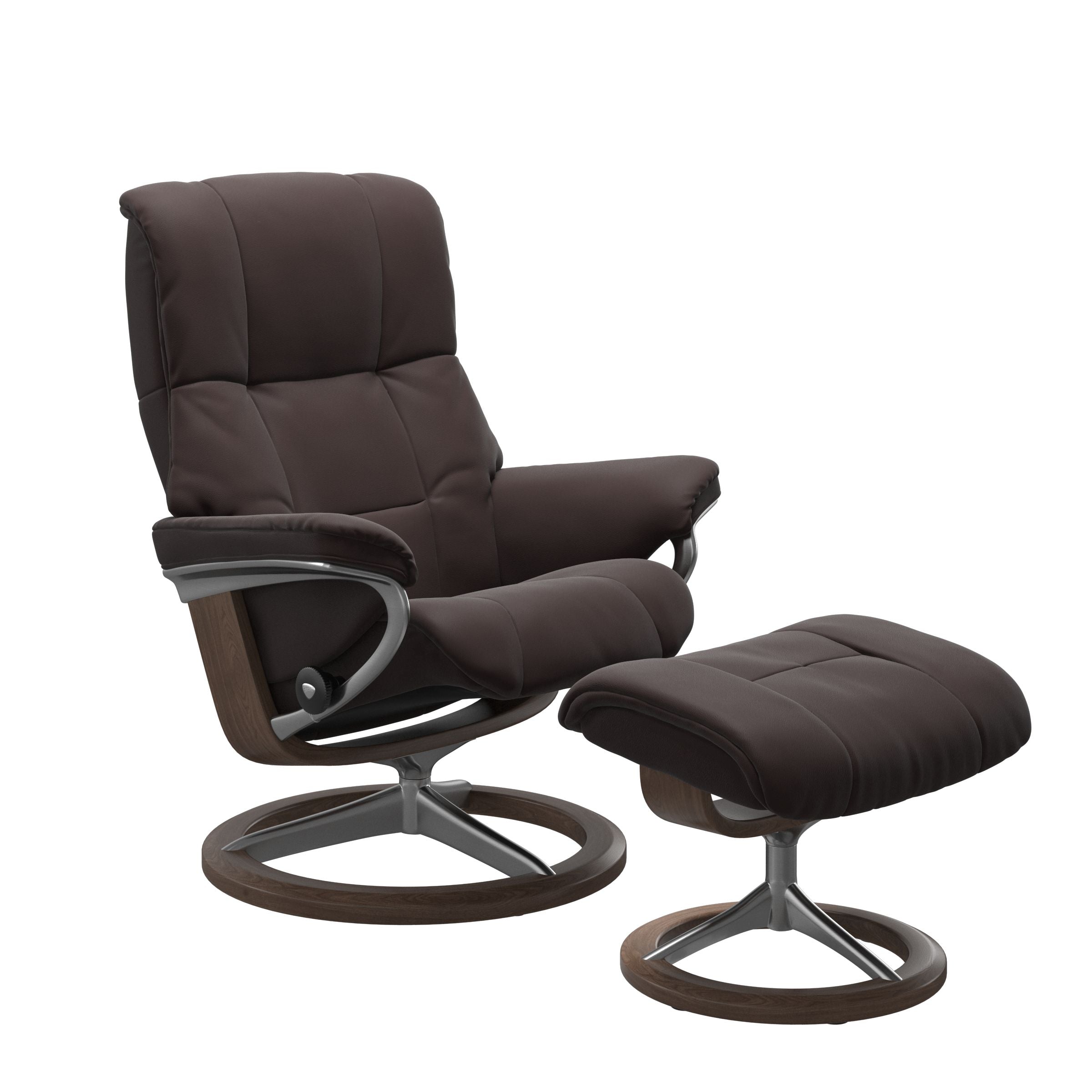 Luxurious  leather recliner in Paloma Chocolate color with a signature walnut wood  and adjustable ottoman 
