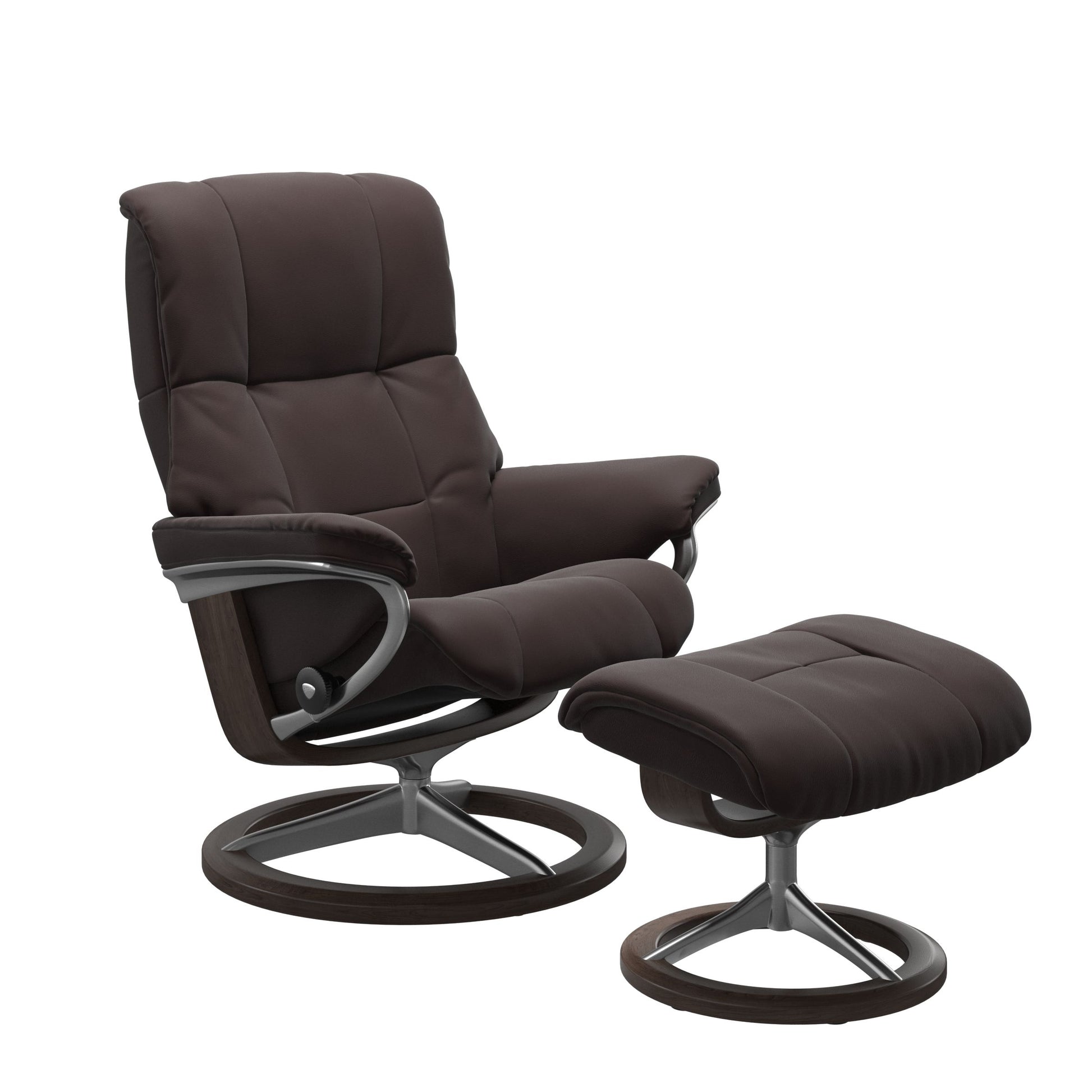 Paloma chocolate colored reclining chair with matching ottoman, both featuring padded cushions and wenge circular base. 