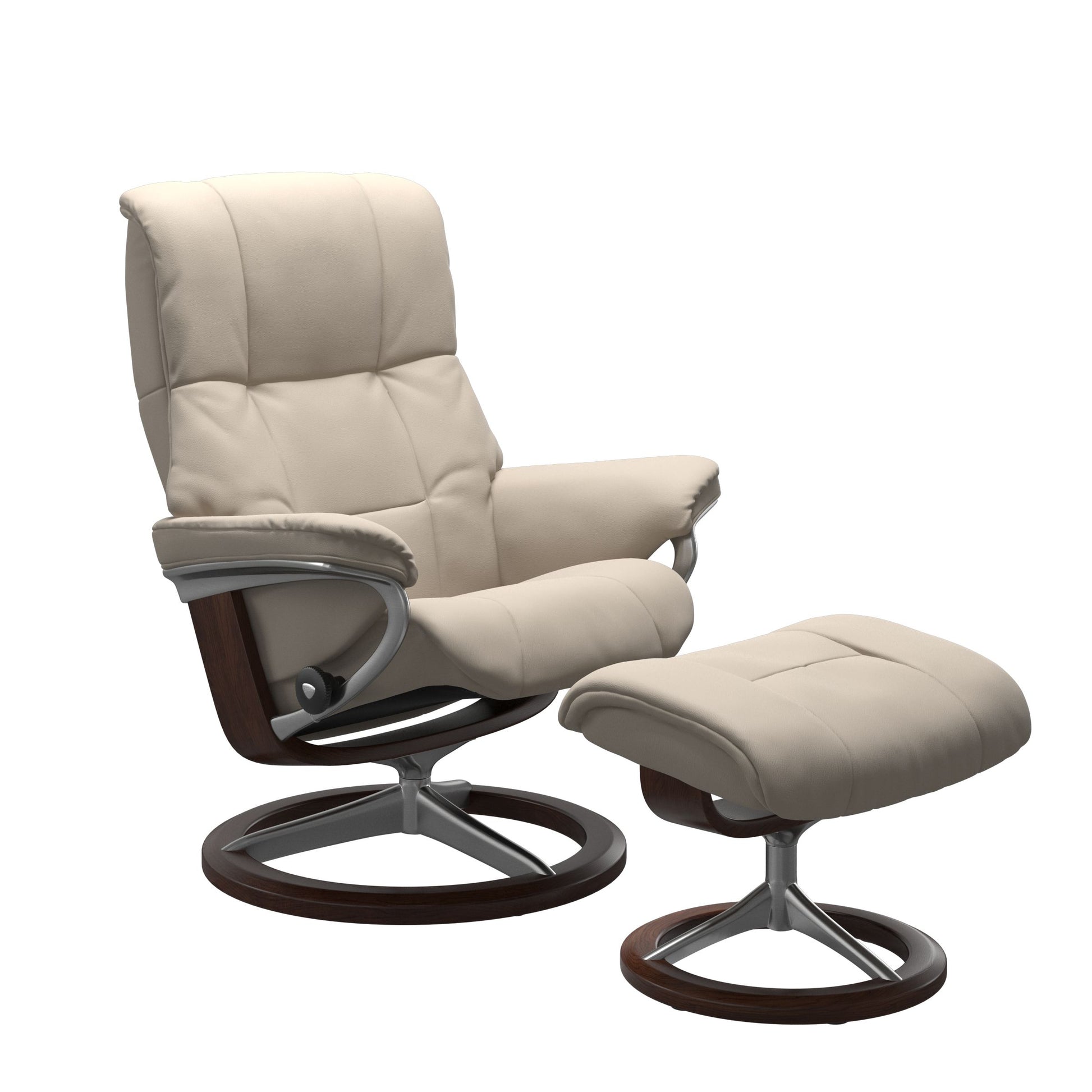 Paloma fog colored reclining chair with matching ottoman, both featuring padded cushions and brown circular base. 
