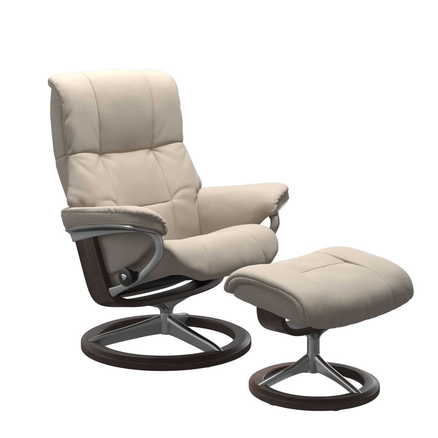 Paloma fog colored reclining chair with matching ottoman, both featuring padded cushions and wenge circular base. 