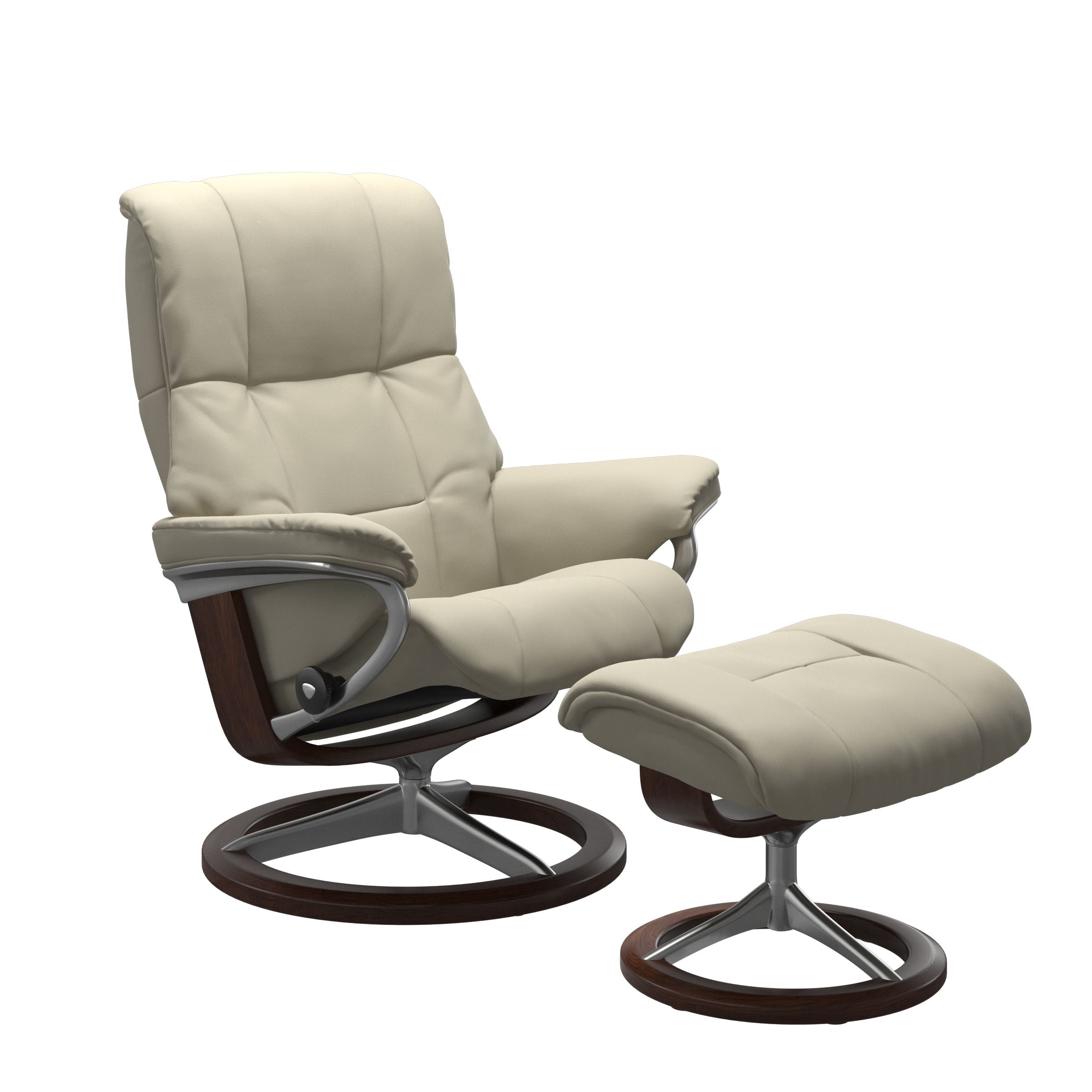 Paloma fog colored reclining chair with matching ottoman, both featuring padded cushions and brown circular base. 
