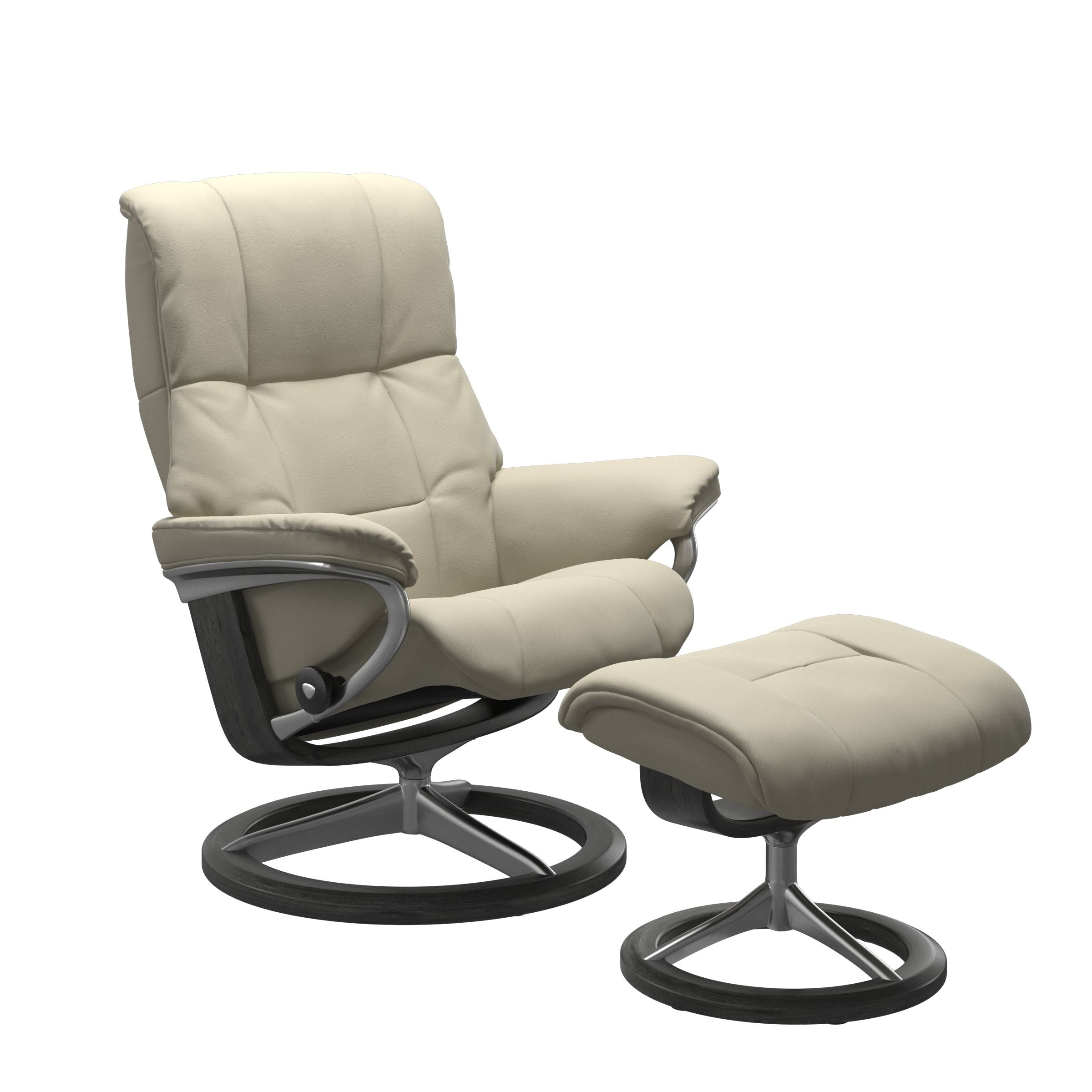 Paloma fog colored reclining chair with matching ottoman, both featuring padded cushions and grey circular base. 