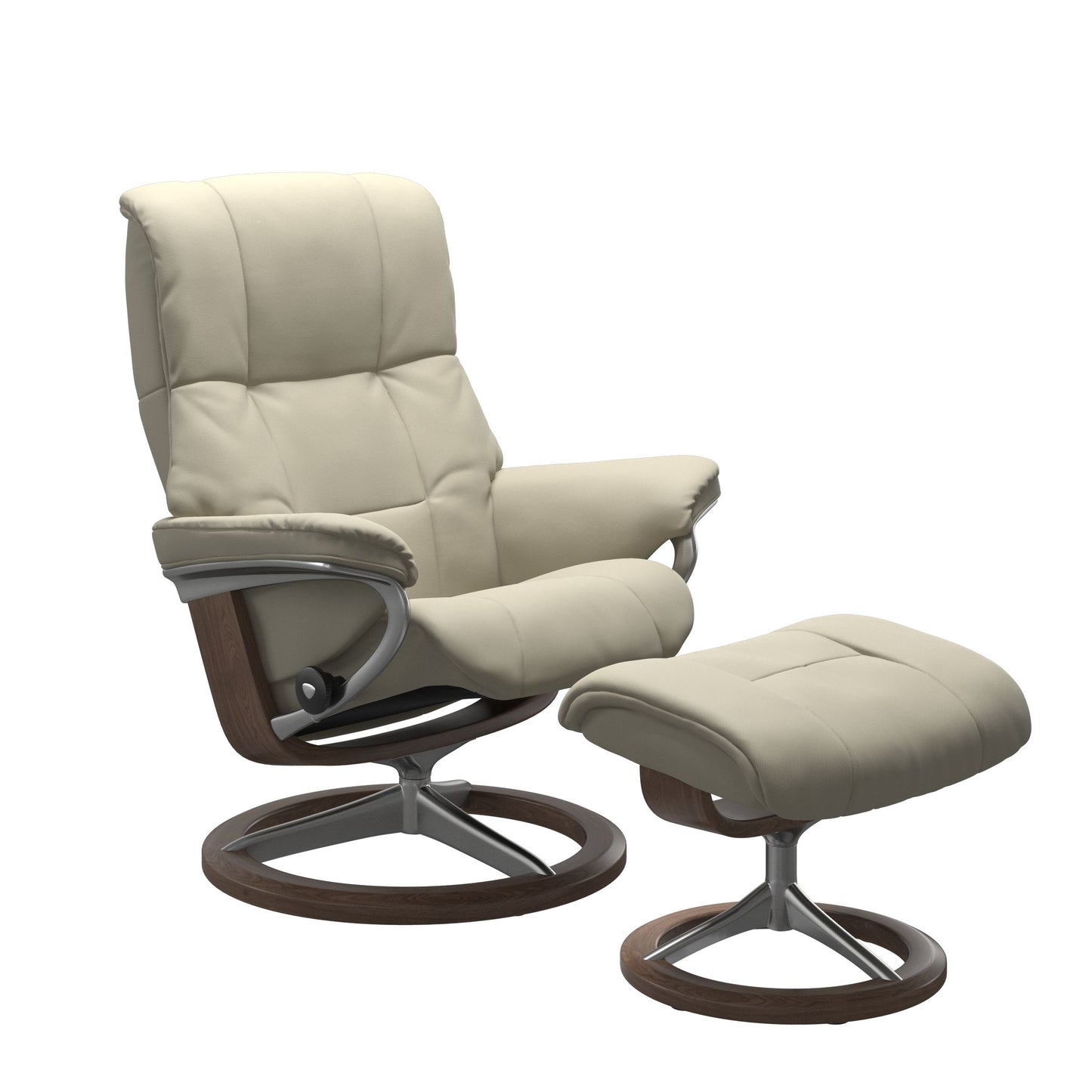 Luxurious leather recliner in Paloma light grey color with a signature round base with walnut wood and adjustable ottoman.