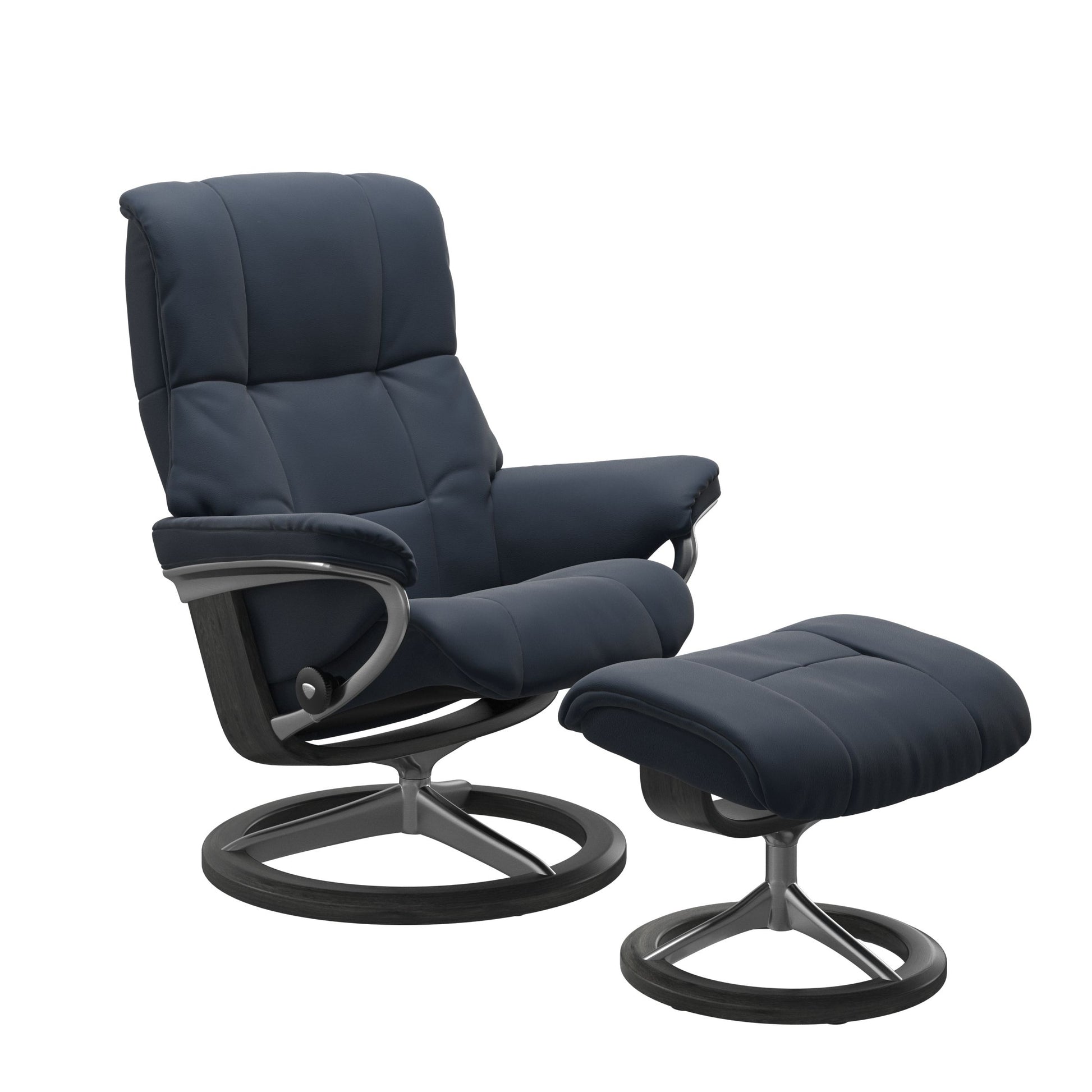 Luxurious leather recliner in navy blue color with a signature grey wood and adjustable ottoman.