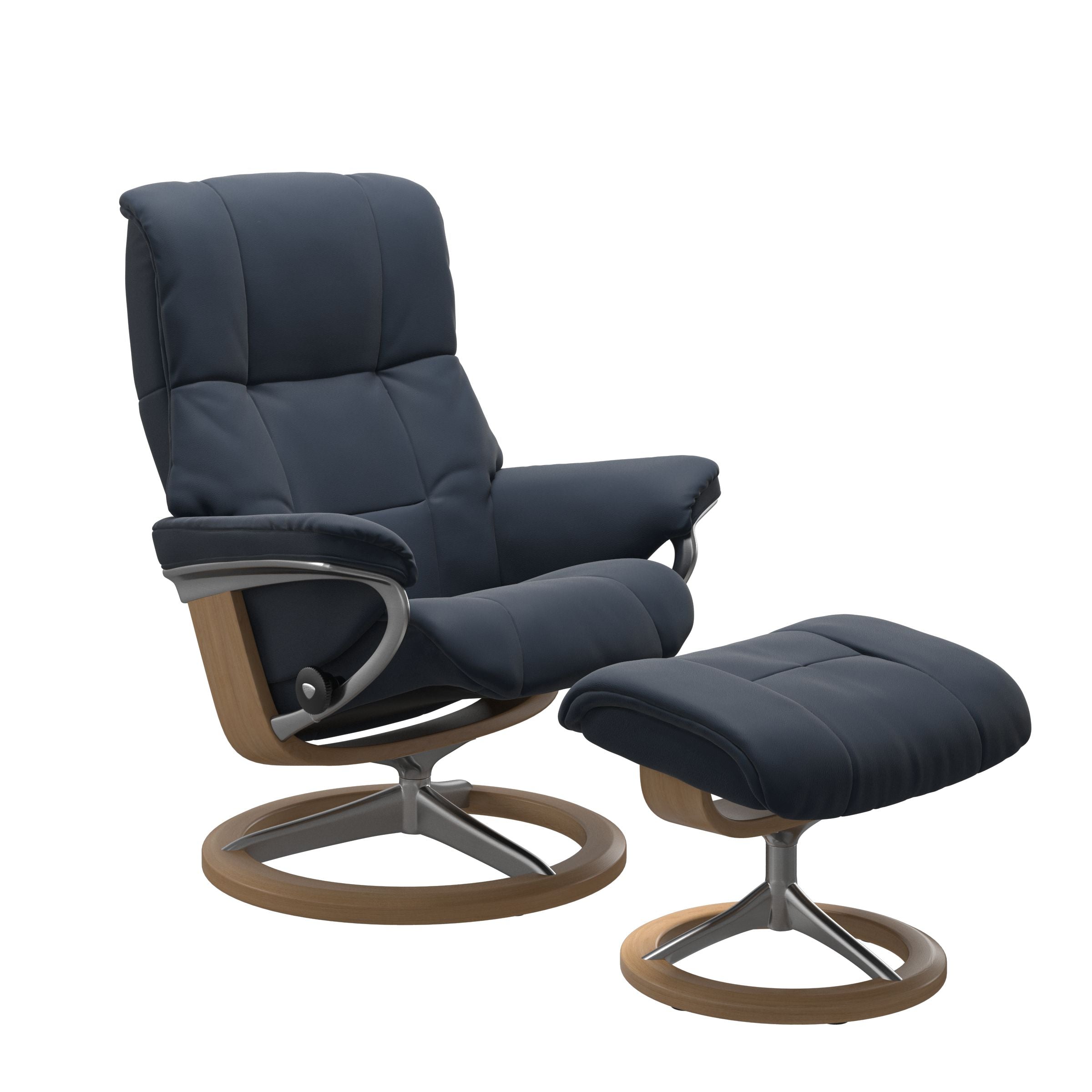 Luxurious leather recliner in navy blue color with a signature oak wood and adjustable ottoman.
