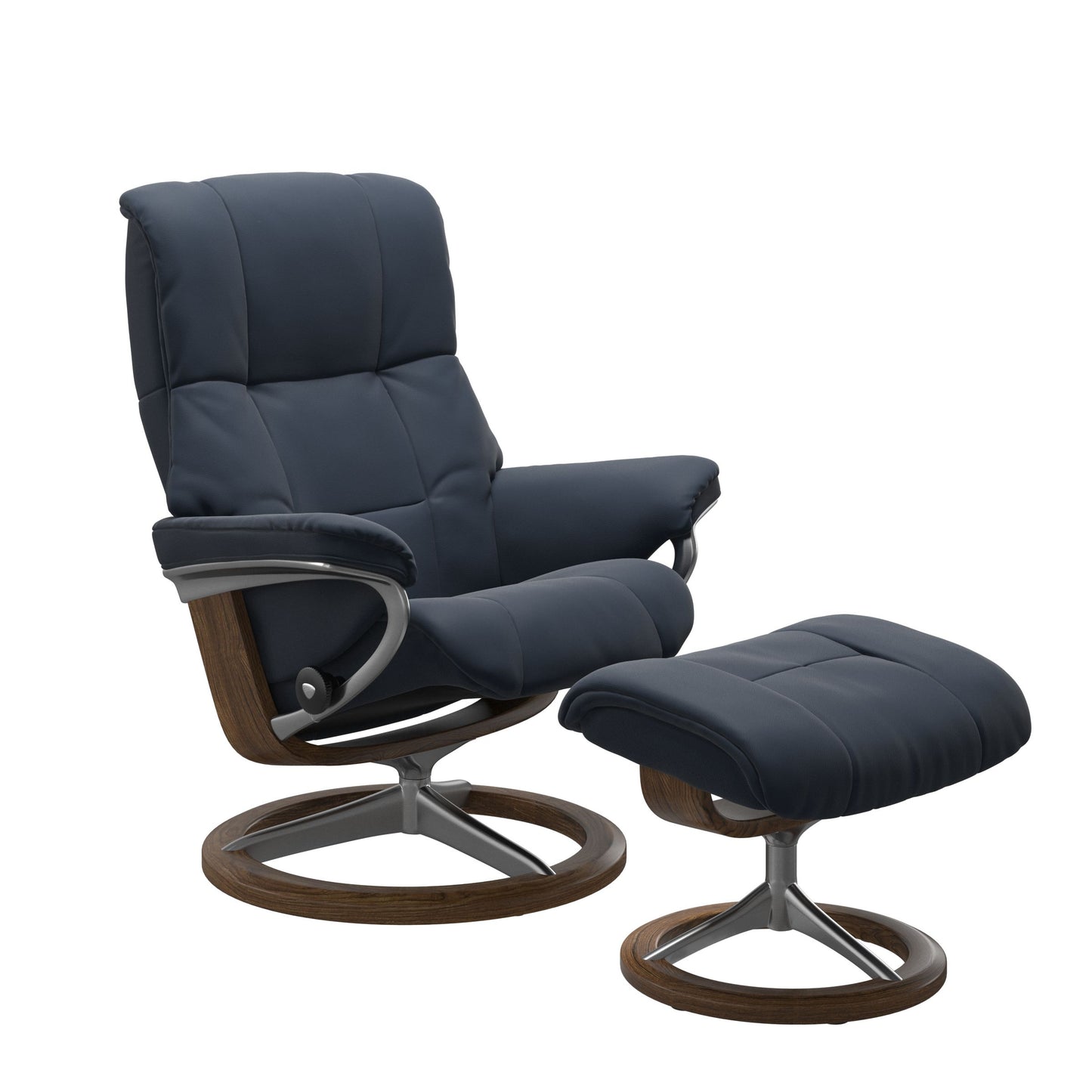 Luxurious leather recliner in navy blue color with a signature teak wood and adjustable ottoman.