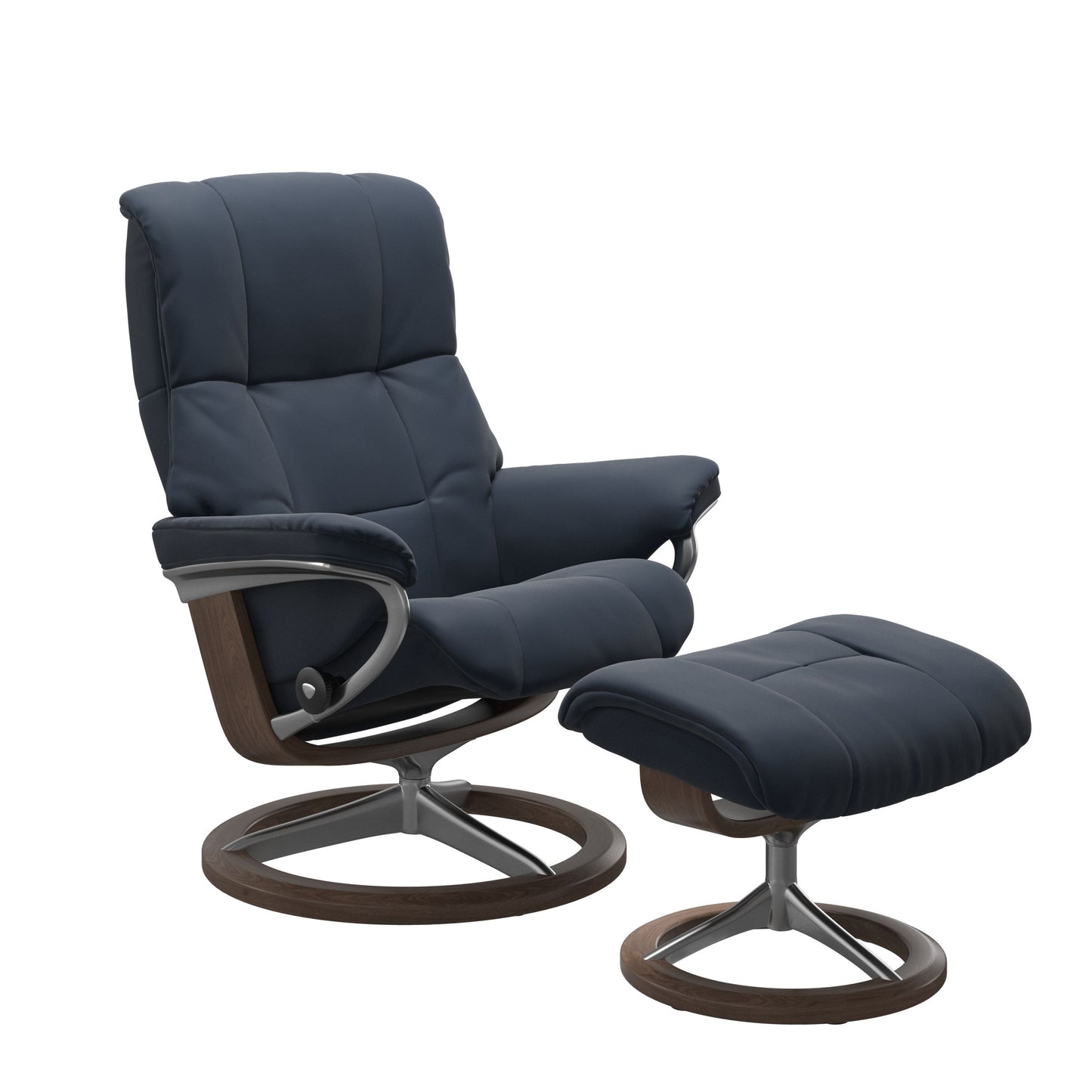 Luxurious leather recliner in navy blue color with a signature walnut wood and adjustable ottoman.