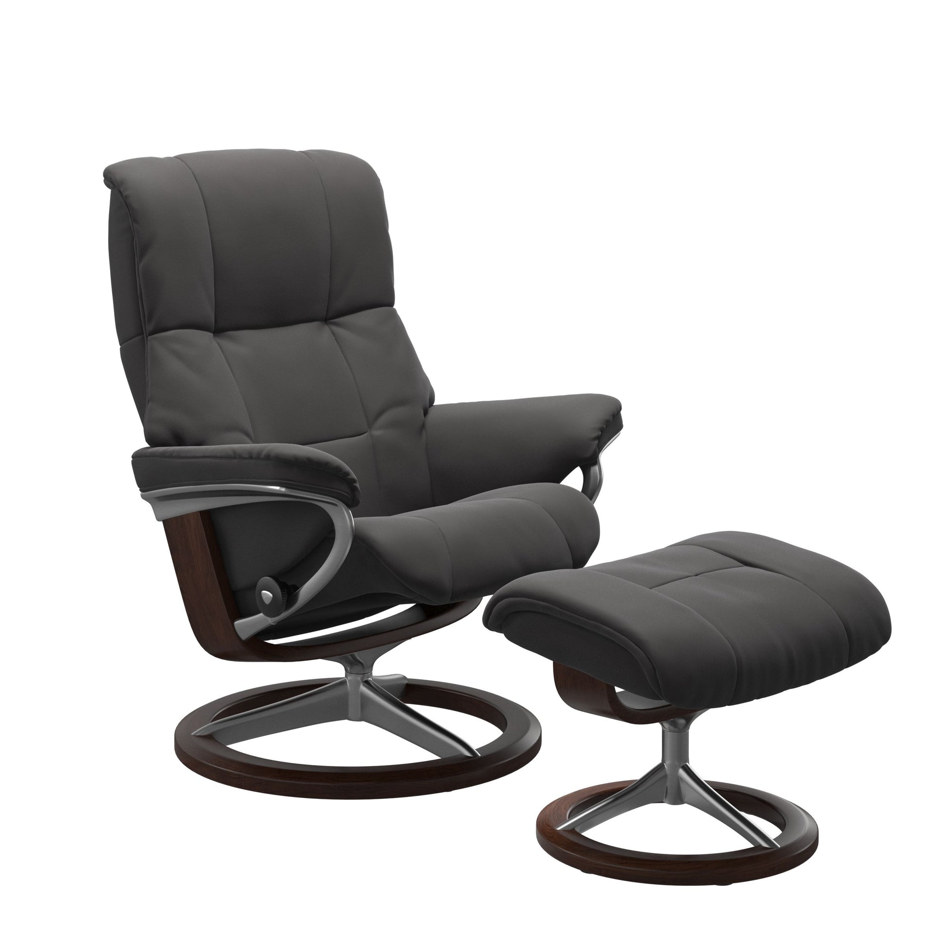 Luxurious leather recliner in dark grey color with a signature brown wood and adjustable ottoman.