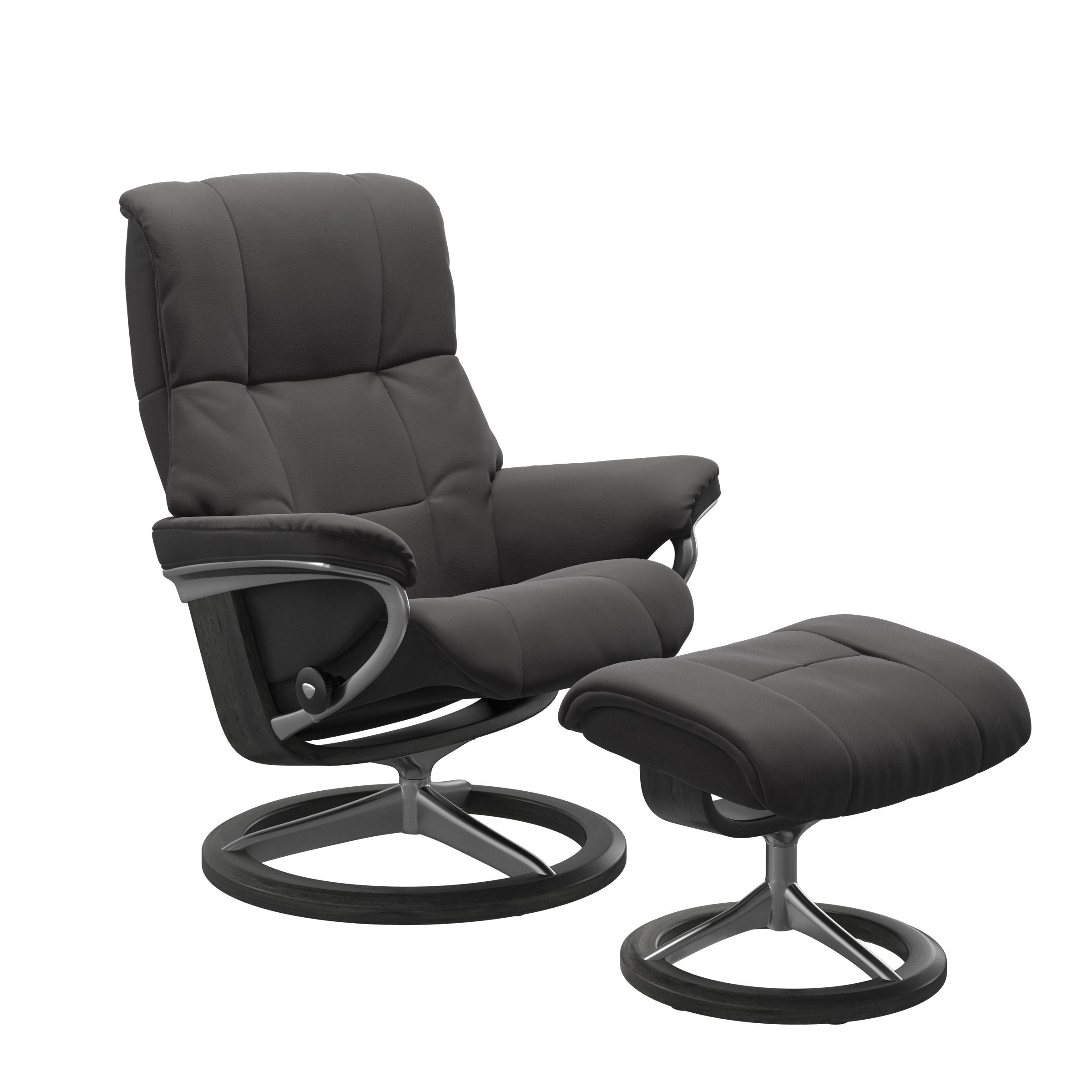Paloma oxford blue colored reclining chair with matching ottoman, both featuring padded cushions and grey wood circular base. 